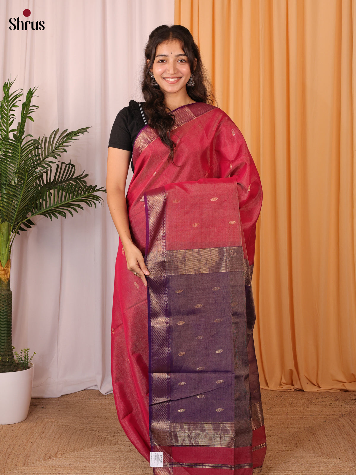 Red & Purple - Maheshwari silkcotton Saree - Shop on Shrus.com