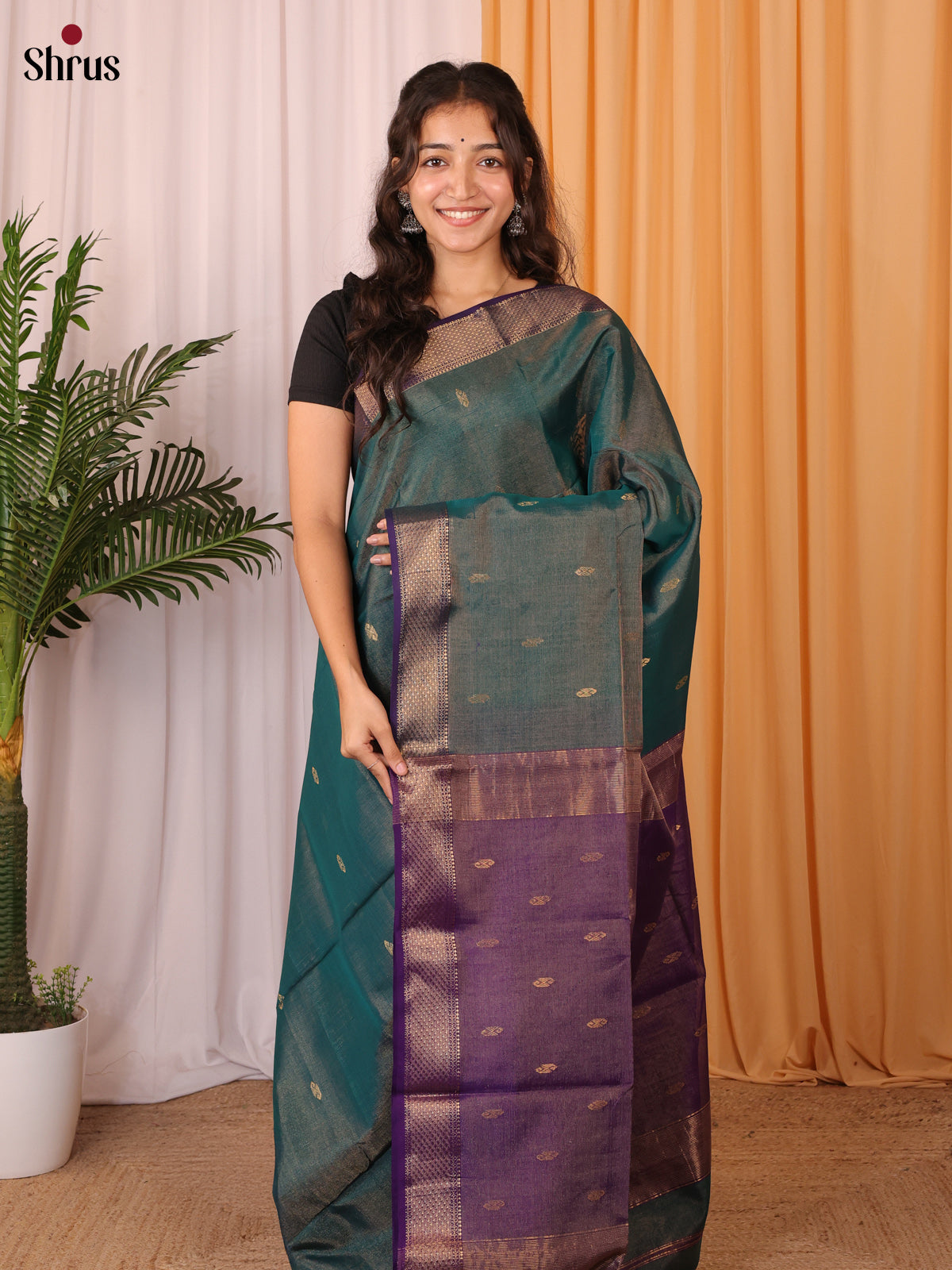 Green & Violet - Maheshwari silkcotton Saree - Shop on Shrus.com