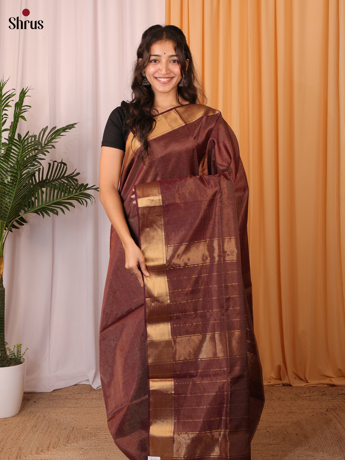 Brown(Single Tone)- Maheshwari silkcotton Saree - Shop on Shrus.com