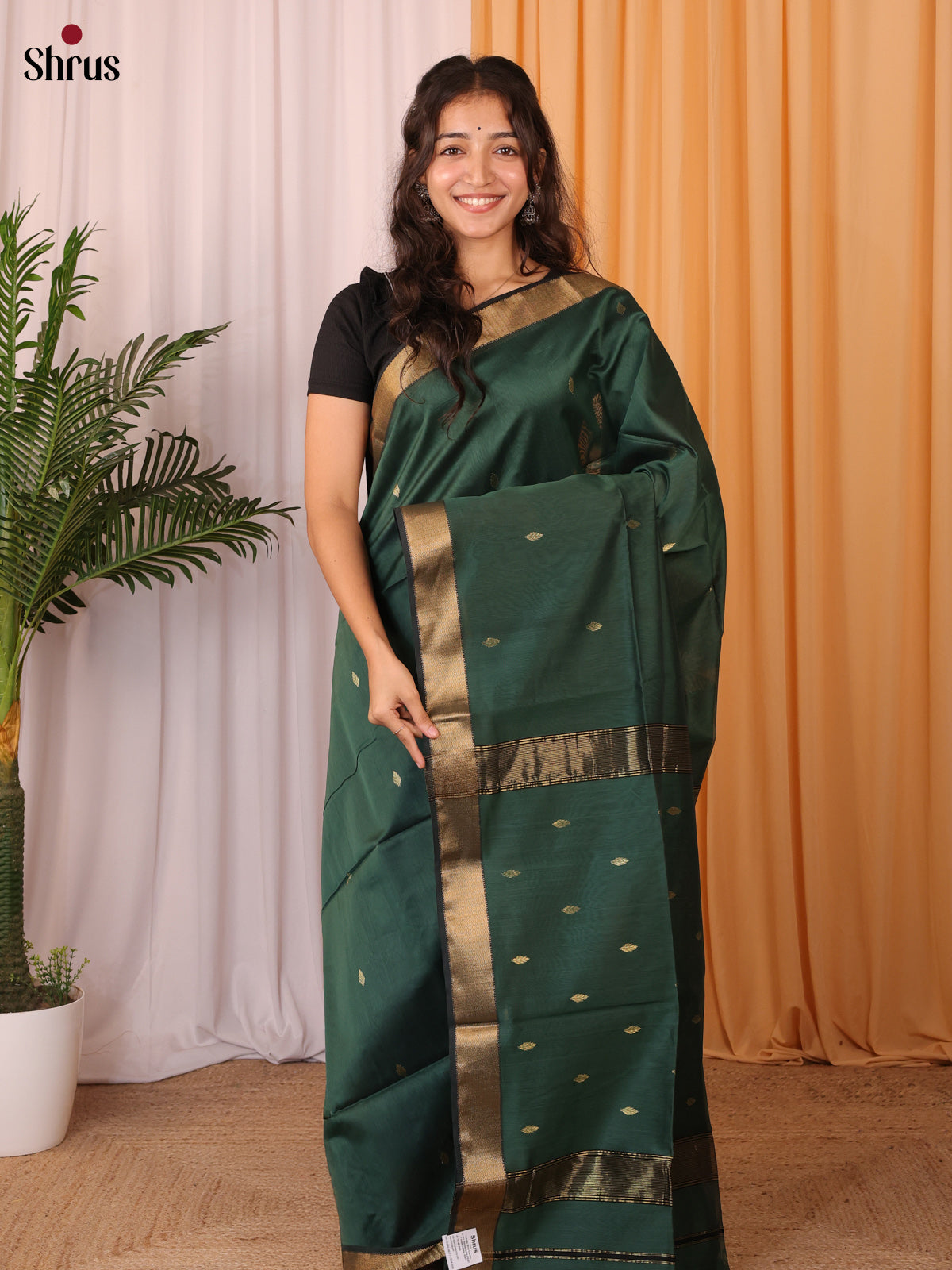 Green(single Tone) - Maheshwari silkcotton Saree - Shop on Shrus.com