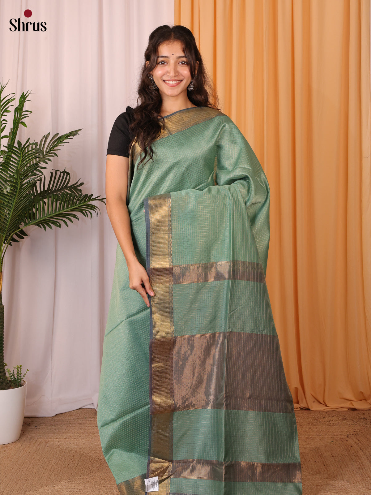 Green  & Purple - Maheshwari silkcotton Saree - Shop on Shrus.com