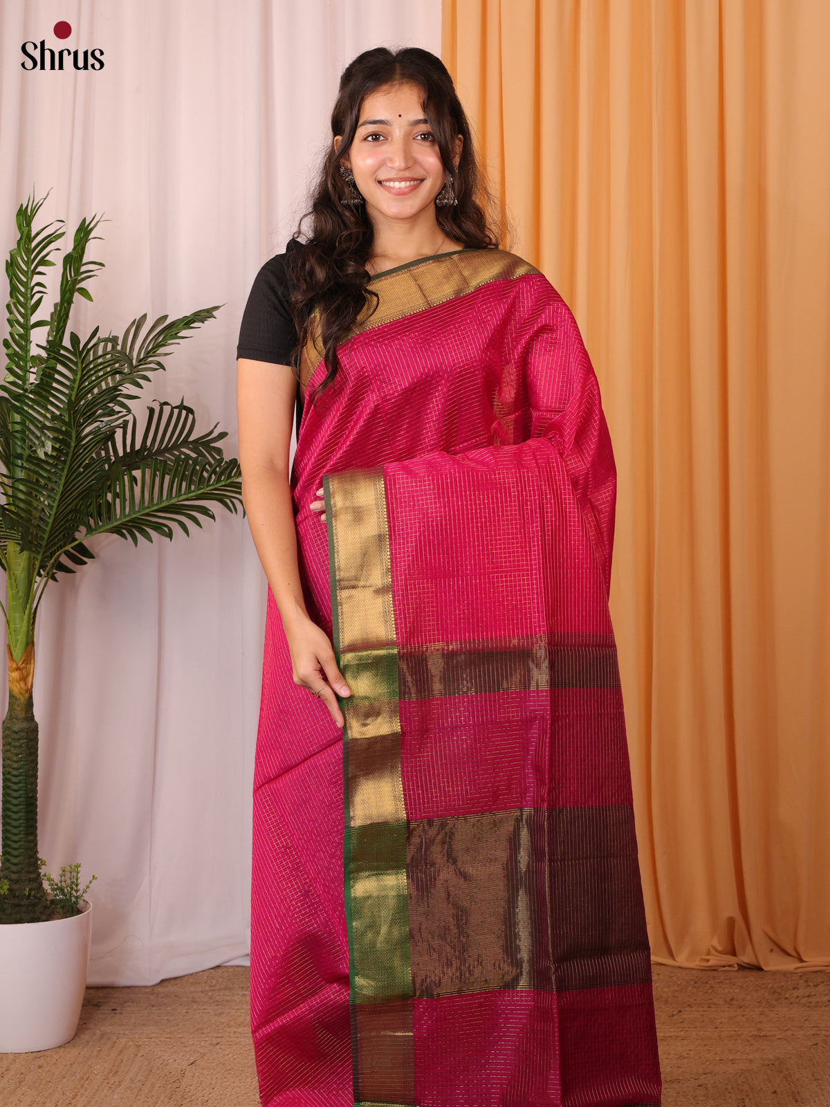 Pink & Green - Maheshwari silkcotton Saree - Shop on Shrus.com