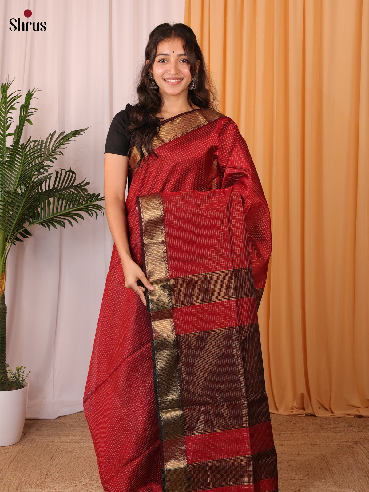 Red & Brown - Maheshwari silkcotton Saree - Shop on Shrus.com