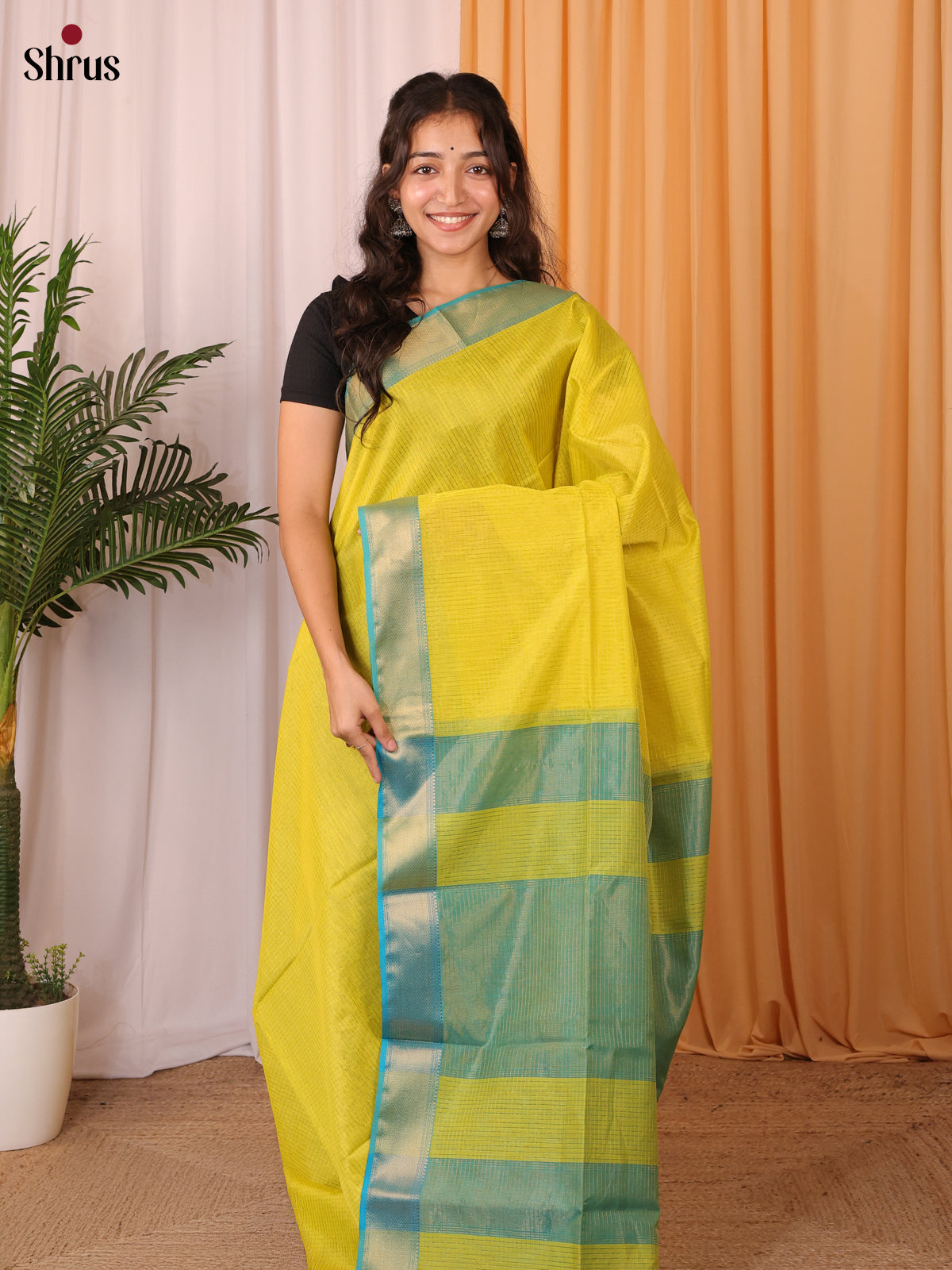 Yellow & Green - Maheshwari silkcotton Saree - Shop on Shrus.com
