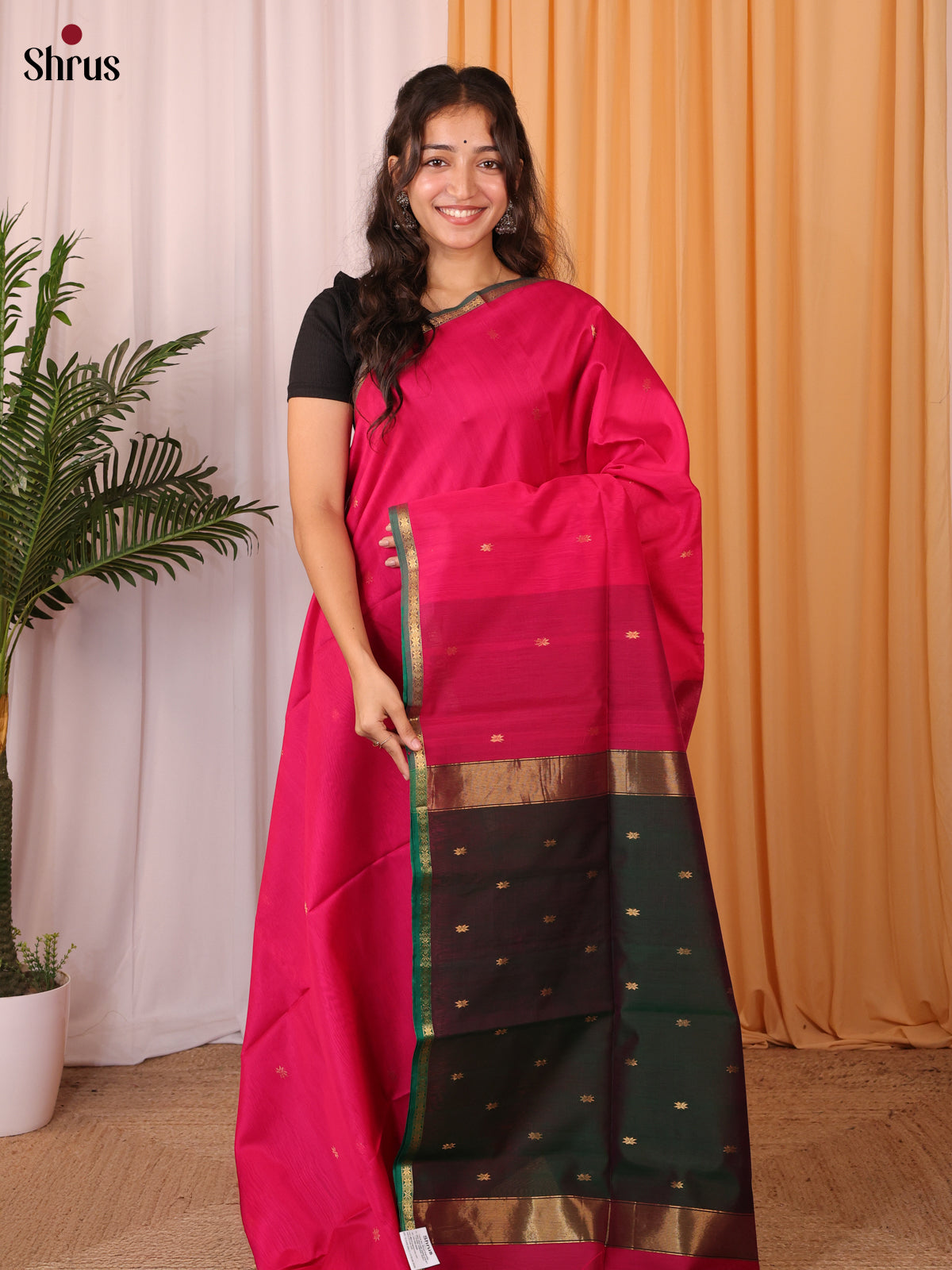 Pink & Green - Maheshwari silkcotton Saree - Shop on Shrus.com