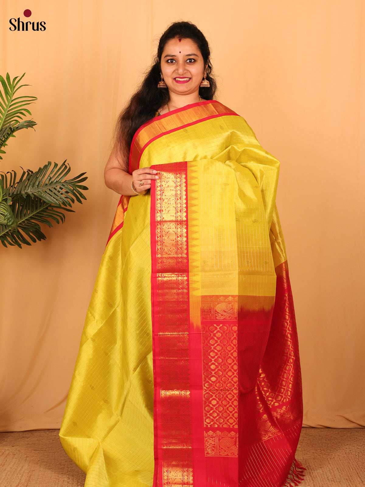 Lime Green & Red - Silk Cotton Saree