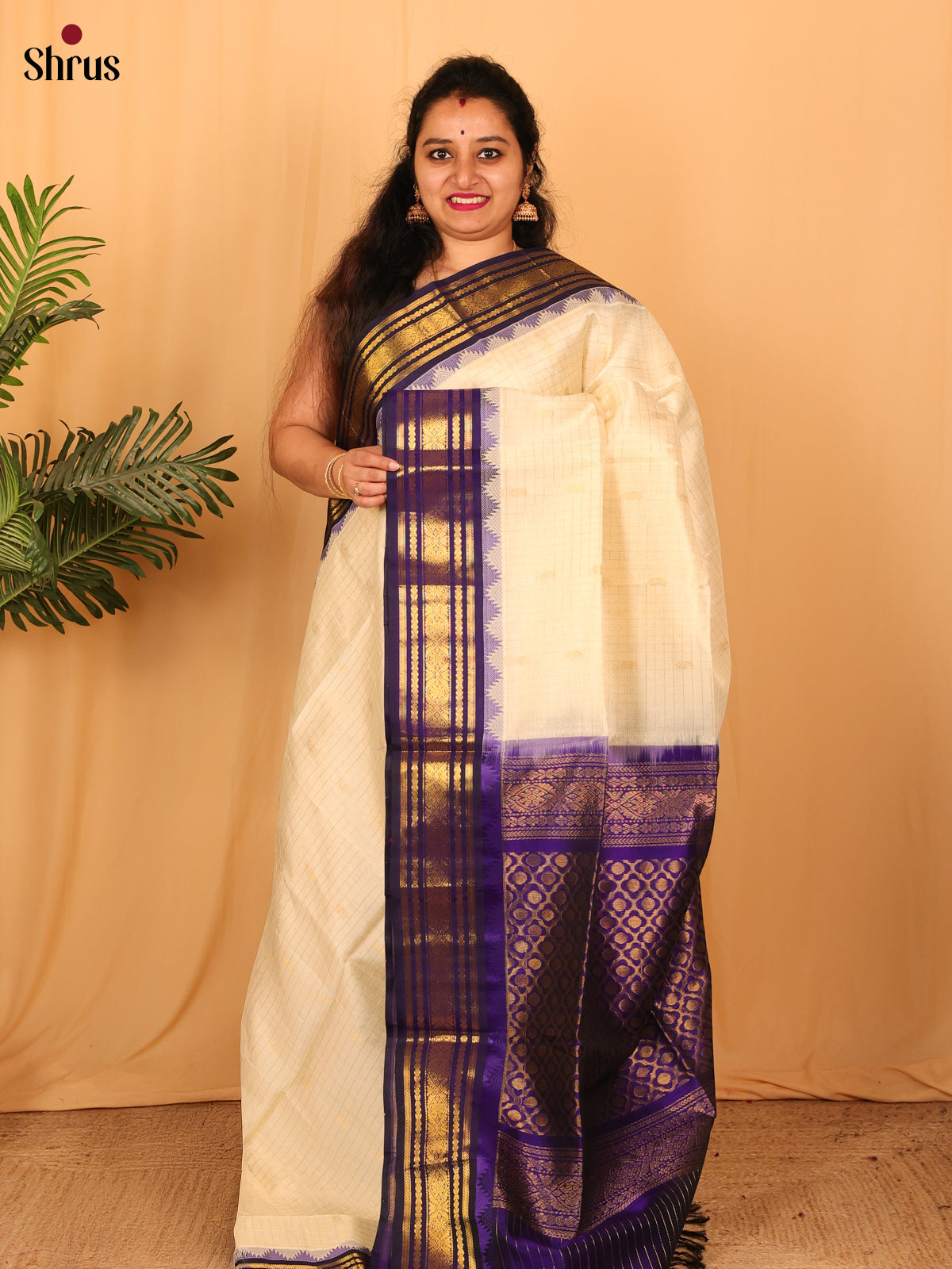 Cream & Violet  - Silk Cotton Saree - Shop on Shrus.com