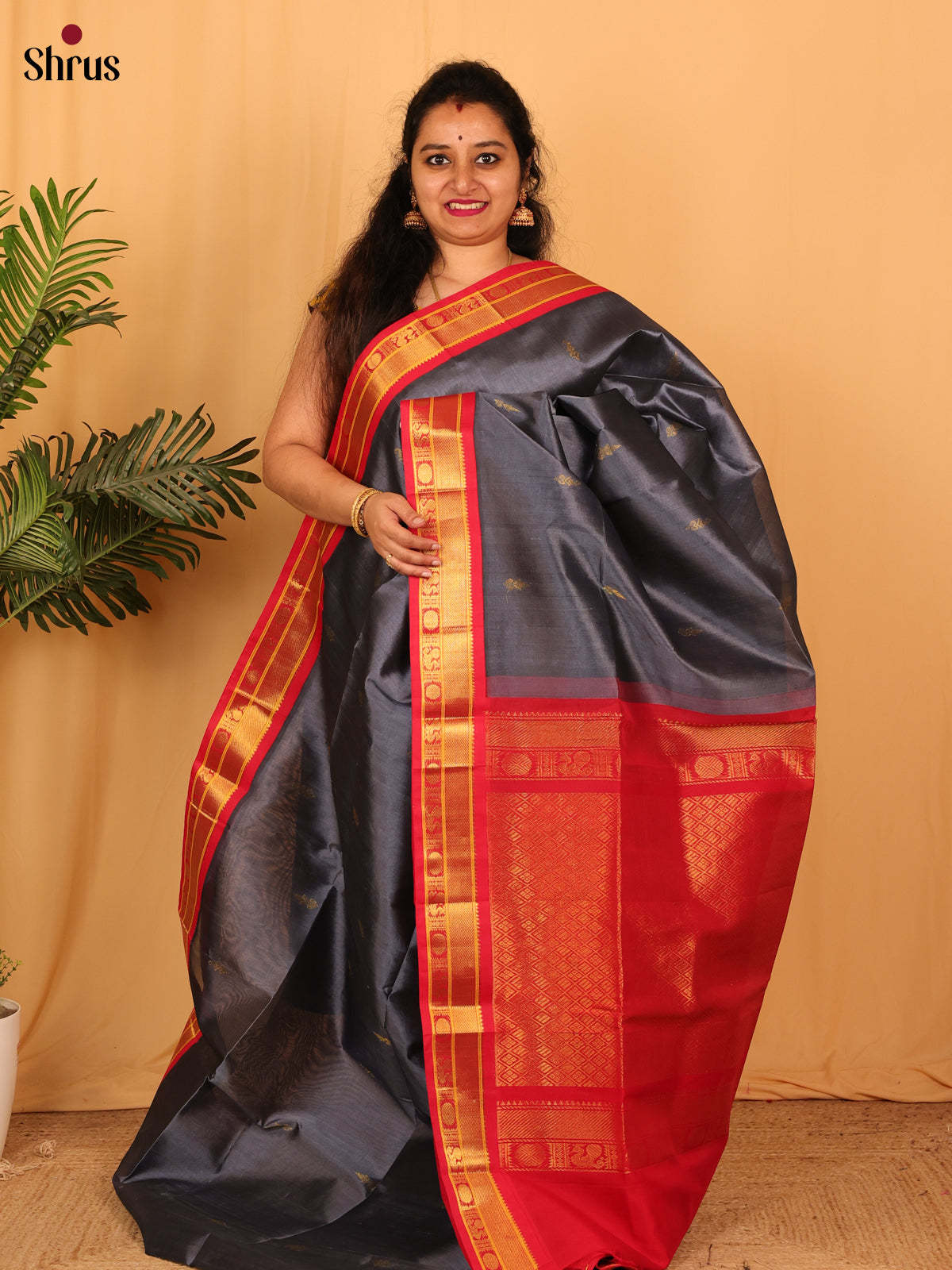 Elephant Black & Red - Silk Cotton Saree