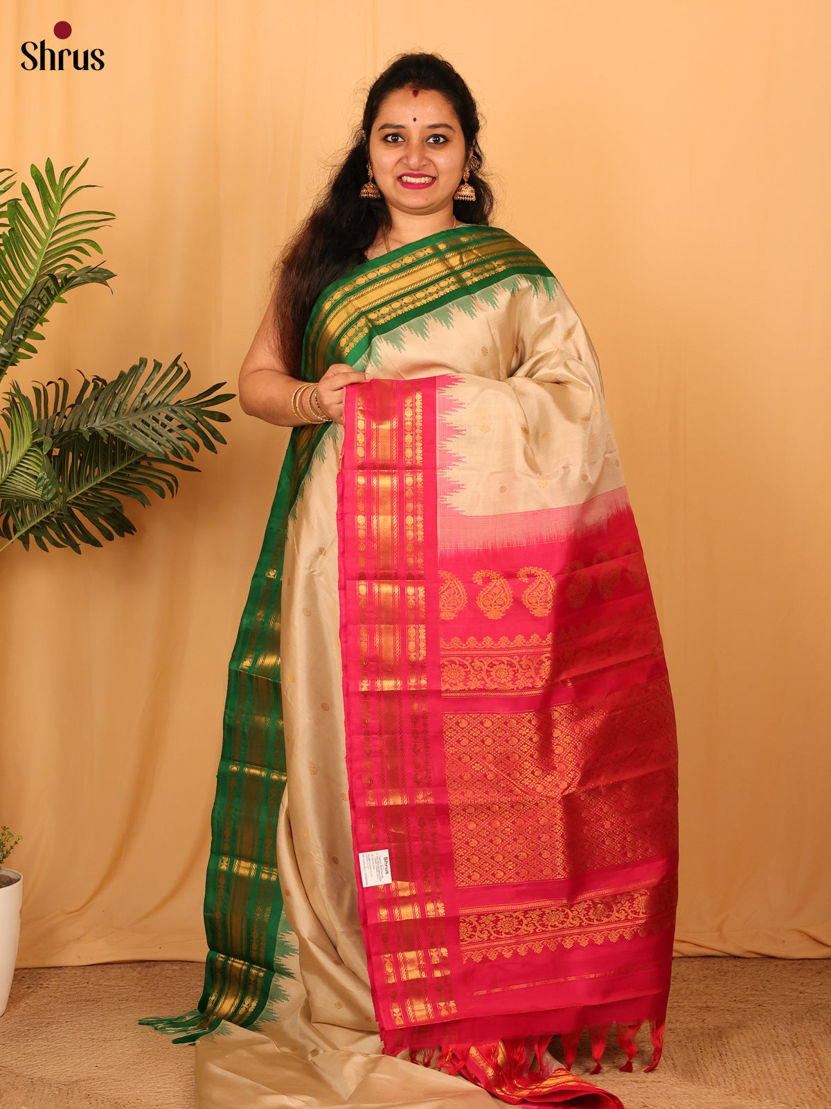 Lite Beige & Pink - Gadwal silk Saree