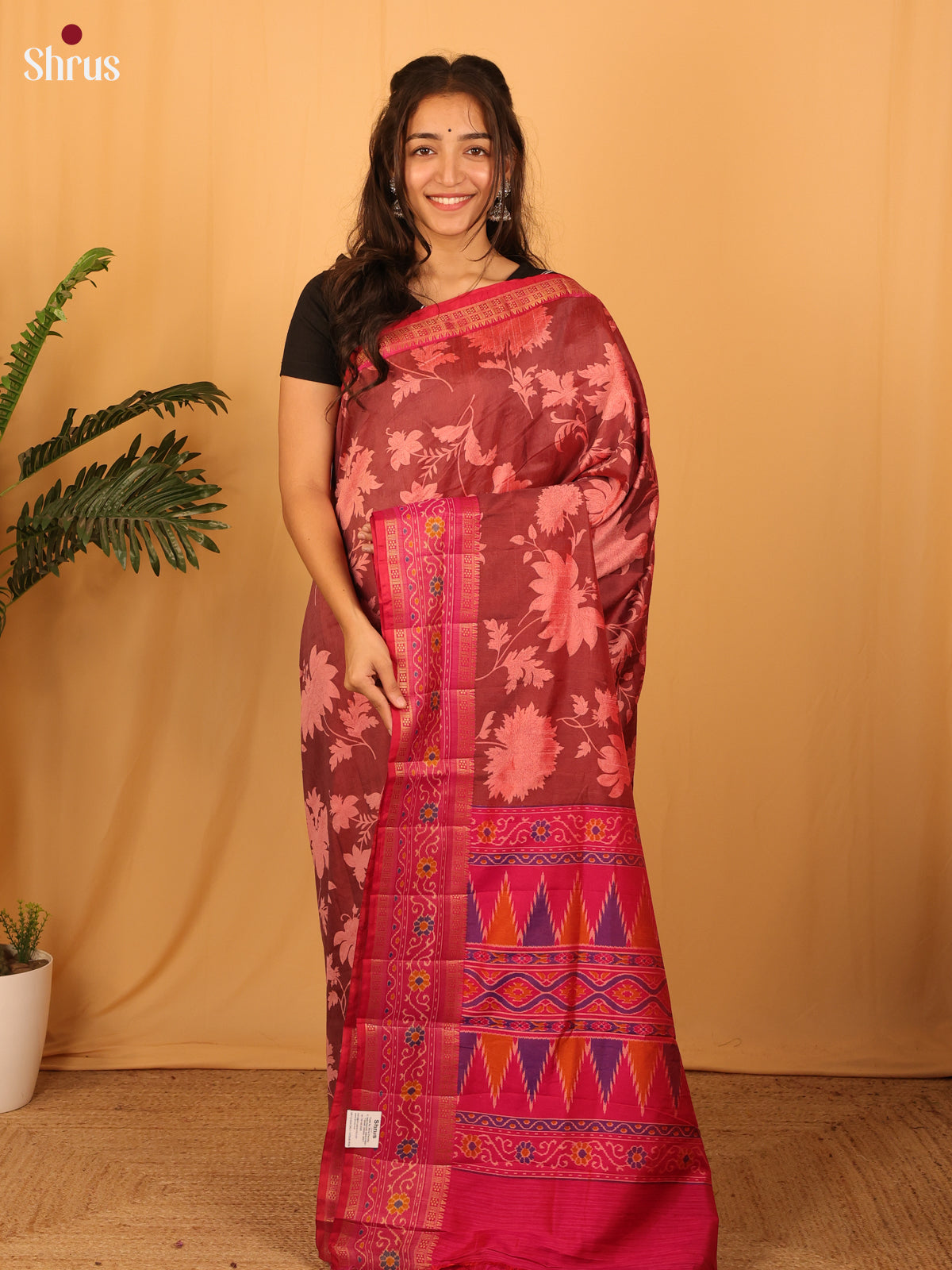 Brown  & Pink - Semi Patola Saree