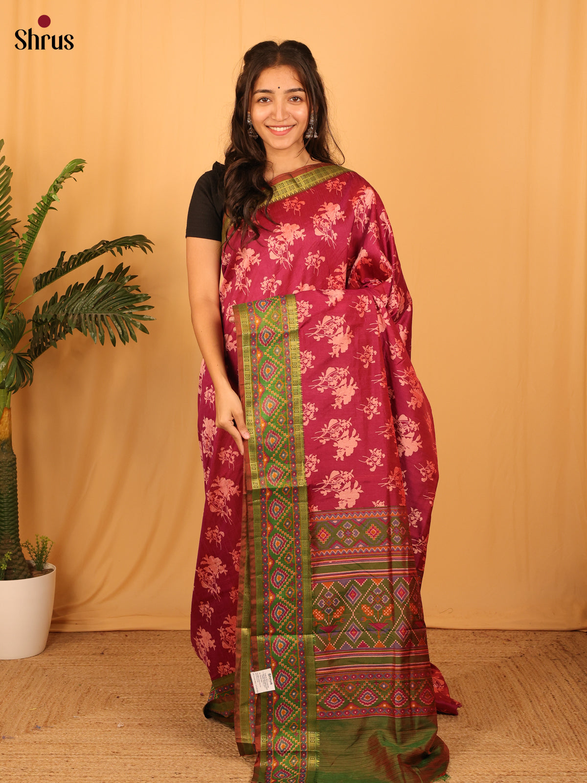 Maroon  & Green - Semi Patola Saree