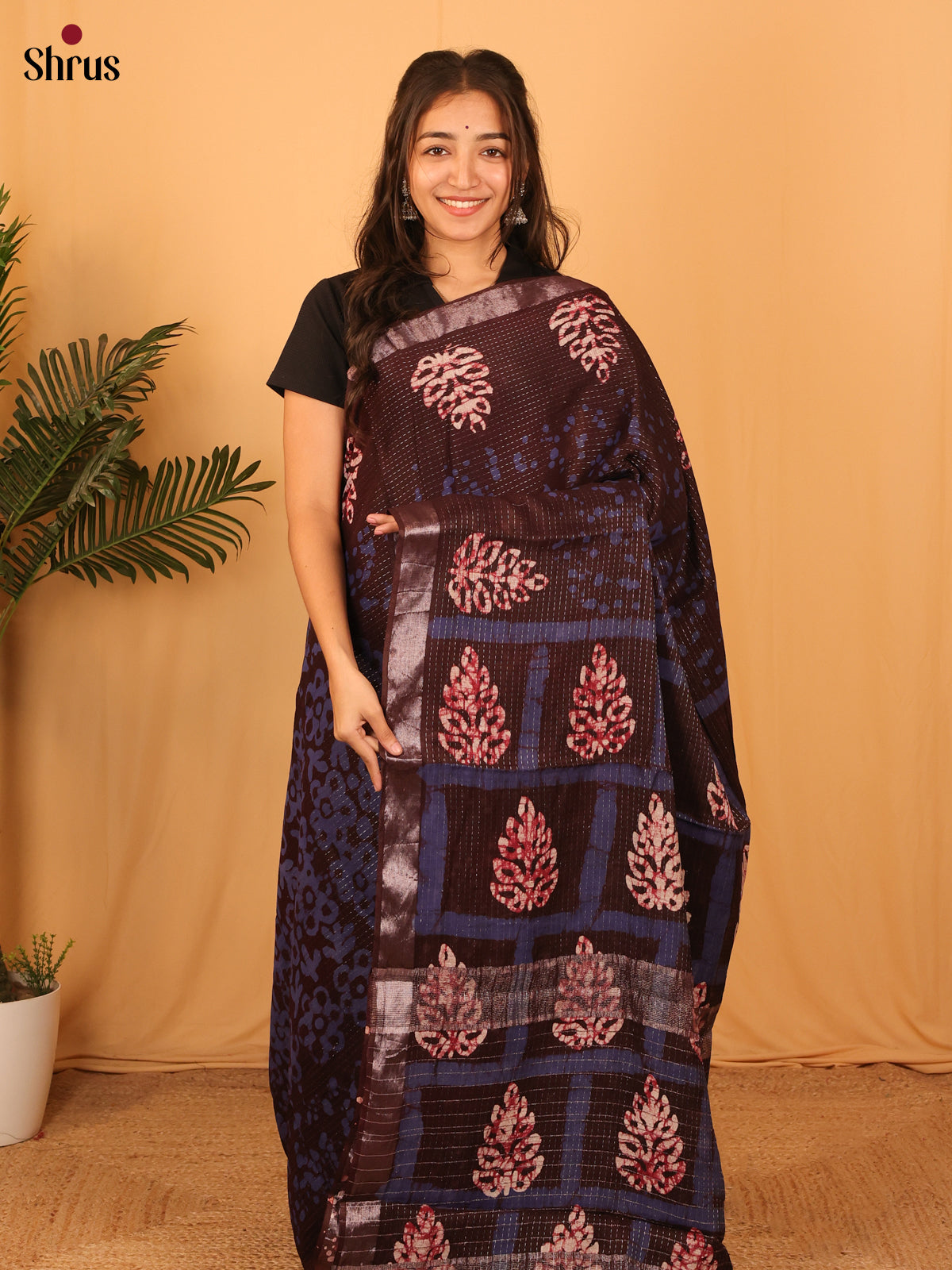 Brown & Blue - Semi Chanderi Saree