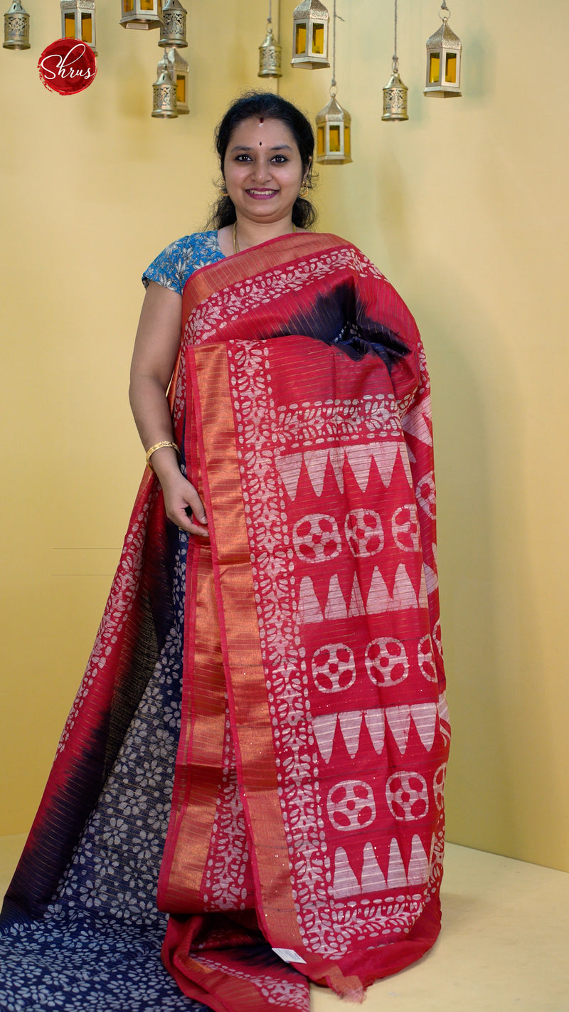 Blue & Red - Bhatik Saree with Gold Zari Border and Contrast Colorways - Shop on ShrusEternity.com