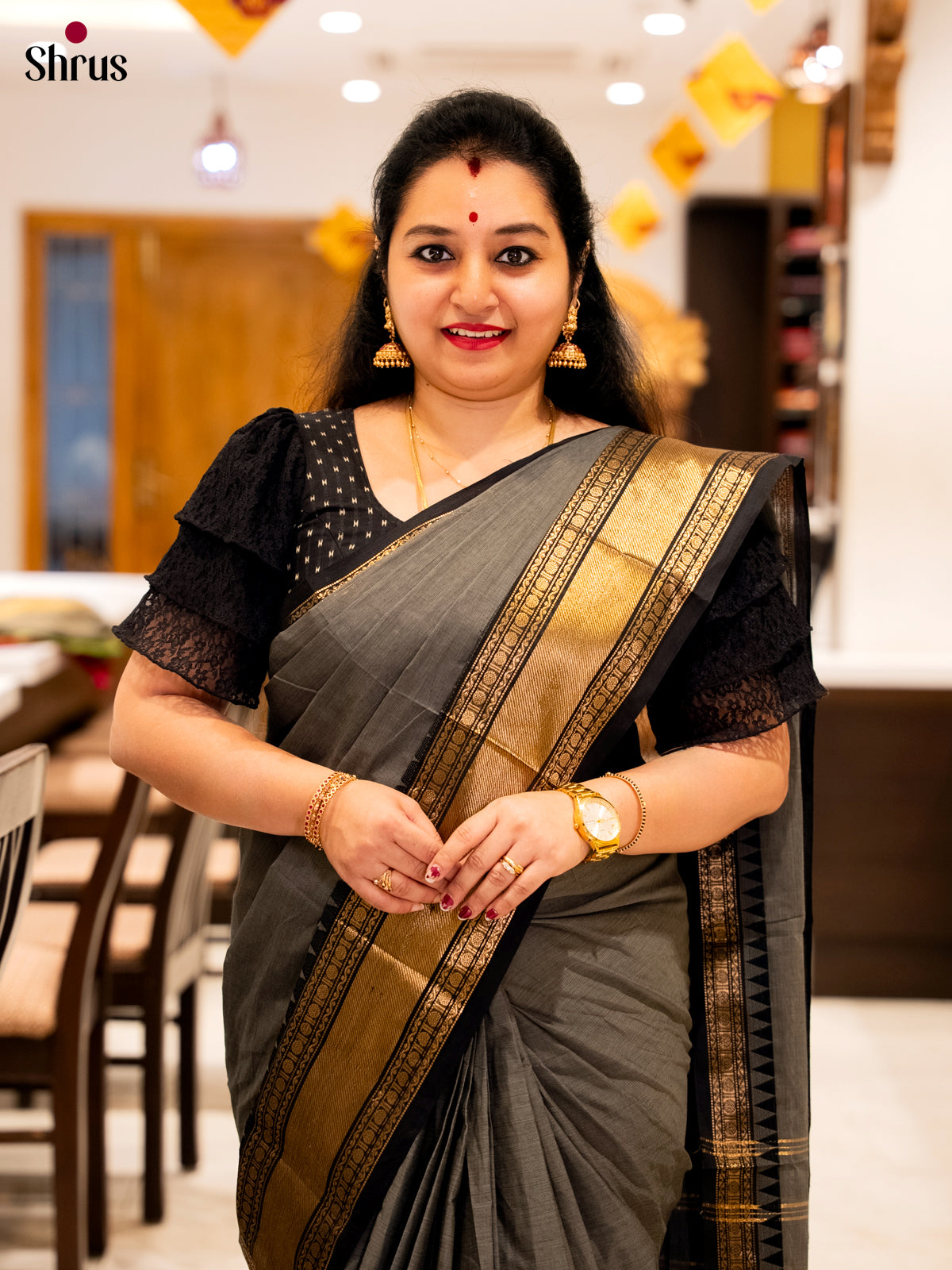 Captivating Grey Chettinad Cotton Sarees With Plain Body & Black Temple Zari Border 