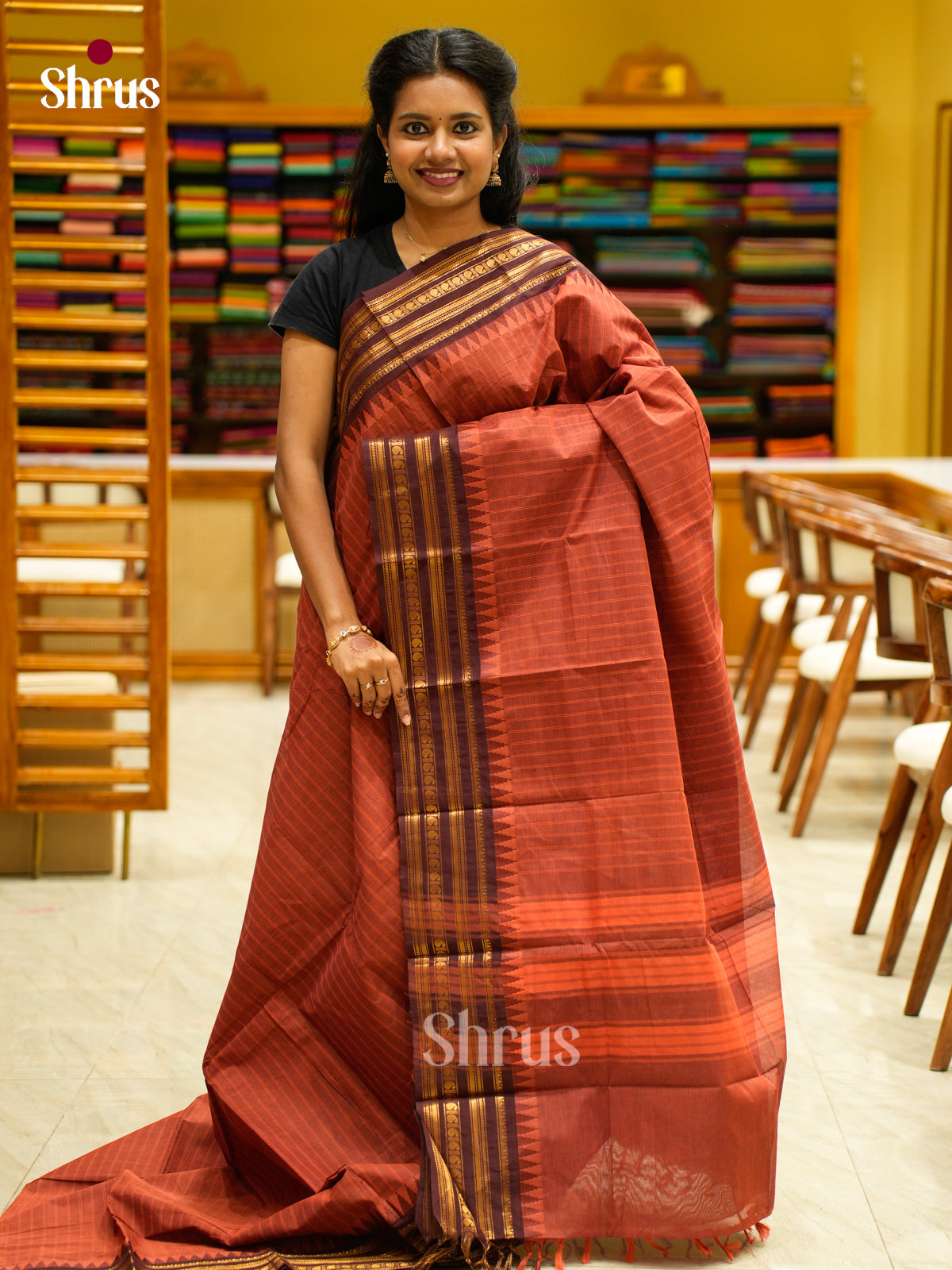 Charming Brick Red Chettinad Cotton Saree With Woven Stripes & Maroon Temple Zari Border