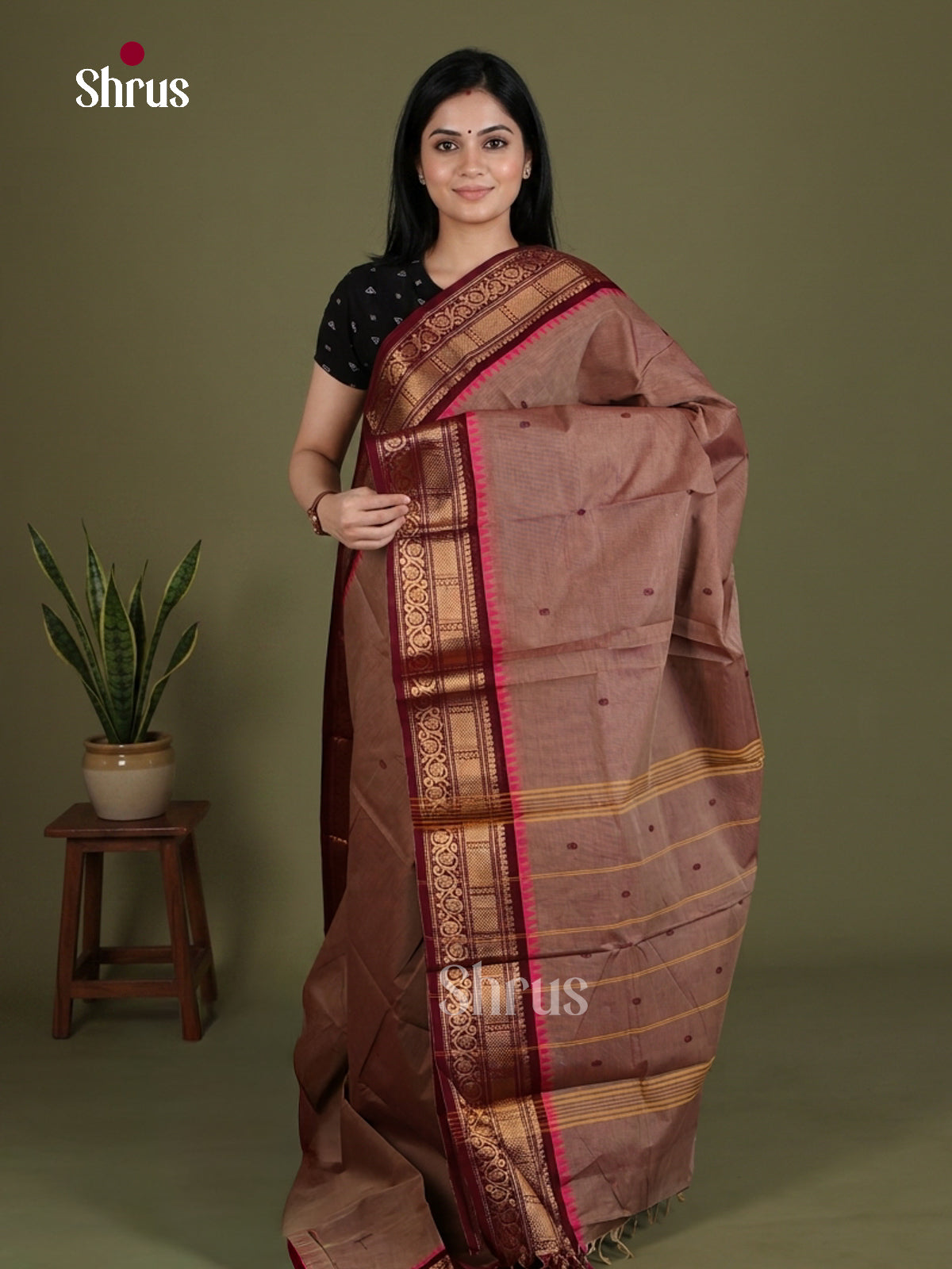 Charming Brown Chettinad Cotton Saree With Thread Buttas & Maroon Zari Border