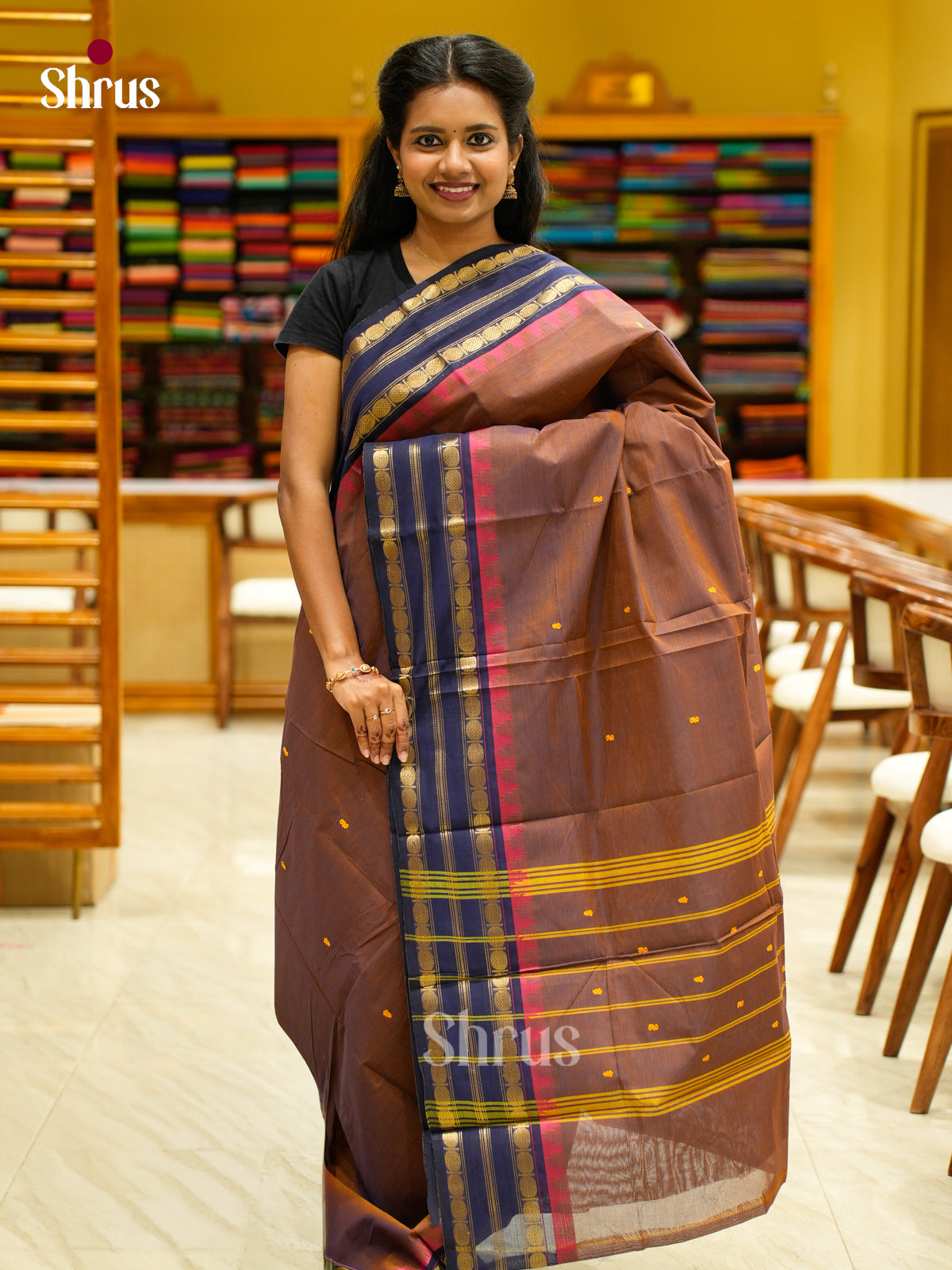 Charming Brown Chettinad Cotton Saree With Thread Buttas & Navy Rettapet Temple Zari Border