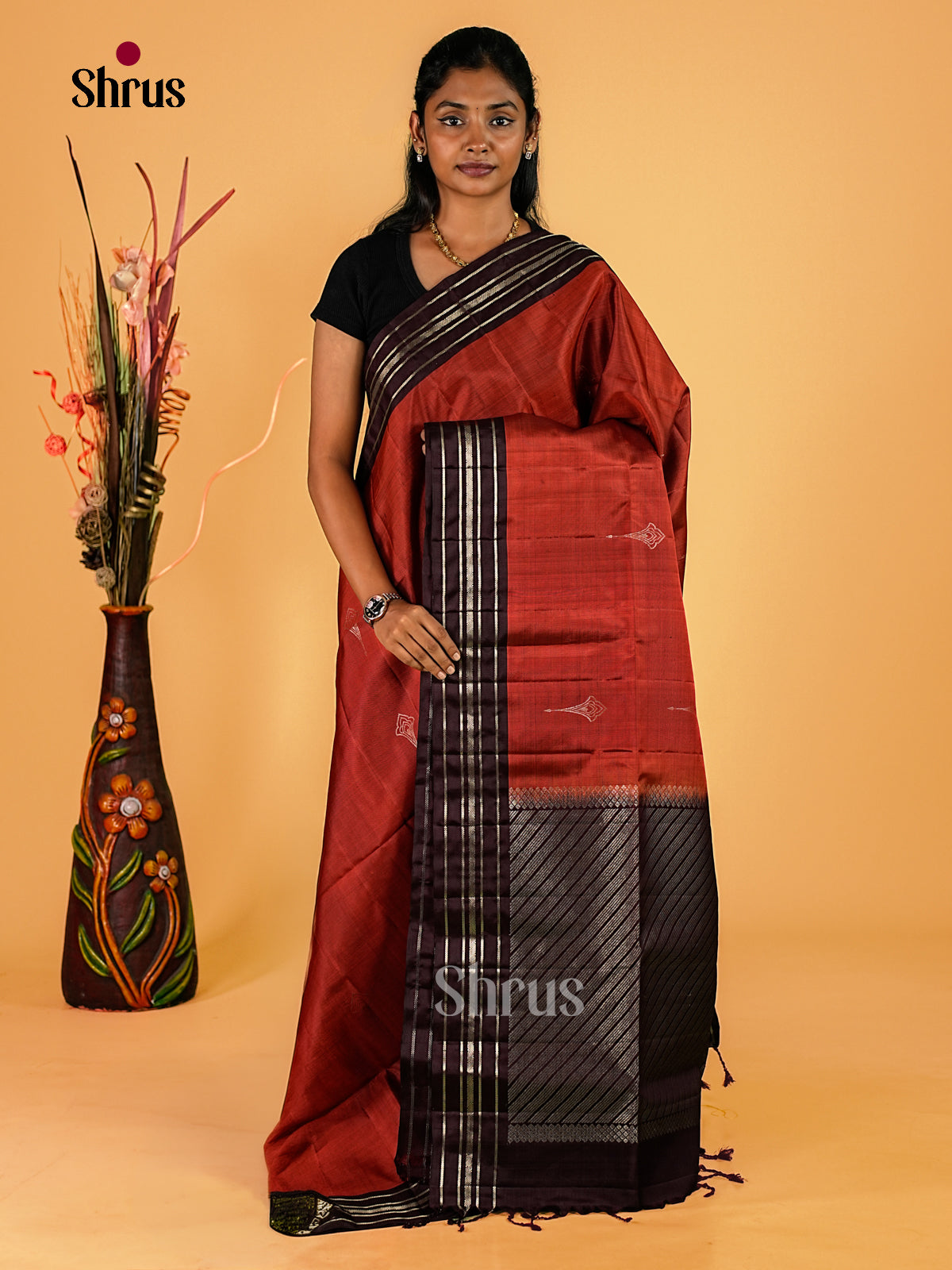 Charming Copper Soft Silk Sarees with Silver Floral Buttas, Dark Brown Zari Striped Border & Brocade Pallu
