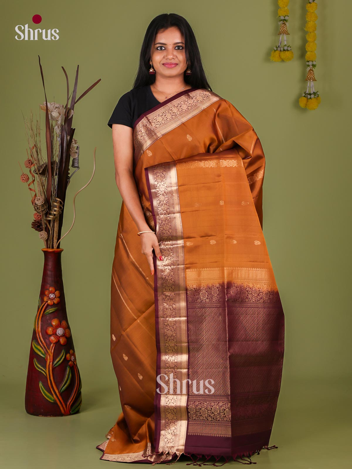Charming Dark Mustard Soft Silk Sarees With Gold Buttas, Stripes, Plum Zari Woven Border & Brocade Pallu
