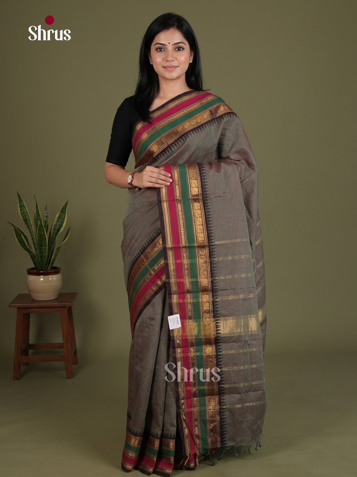Charming Grey Chettinad Cotton Saree With Multicoloured Temple Zari Border & Pallu