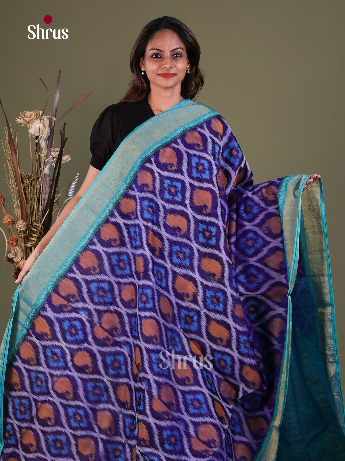 Charming Indigo Pochampally Cotton Silk Saree With Diamond Prints & Cyan Kaddi Border