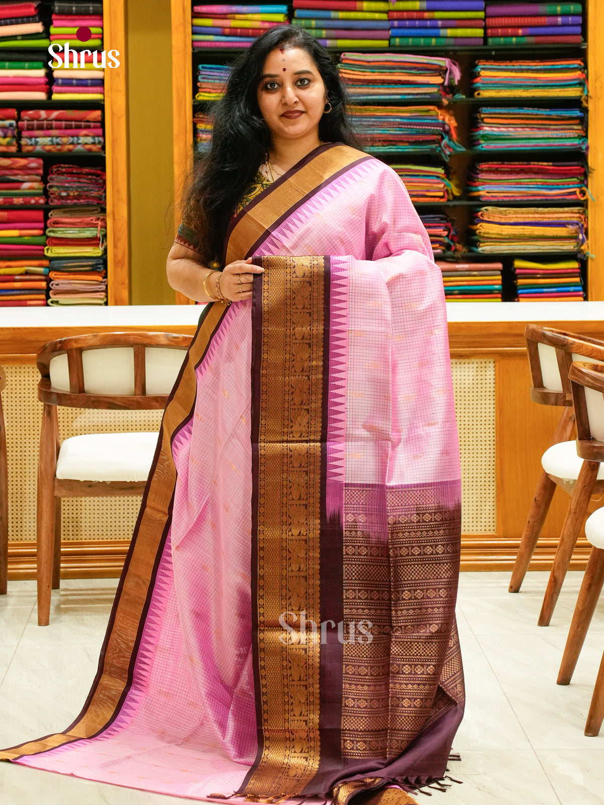 Charming Light Pink Soft Silk Saree with Checks & Peacock Buttas | Wine Temple Zari Border