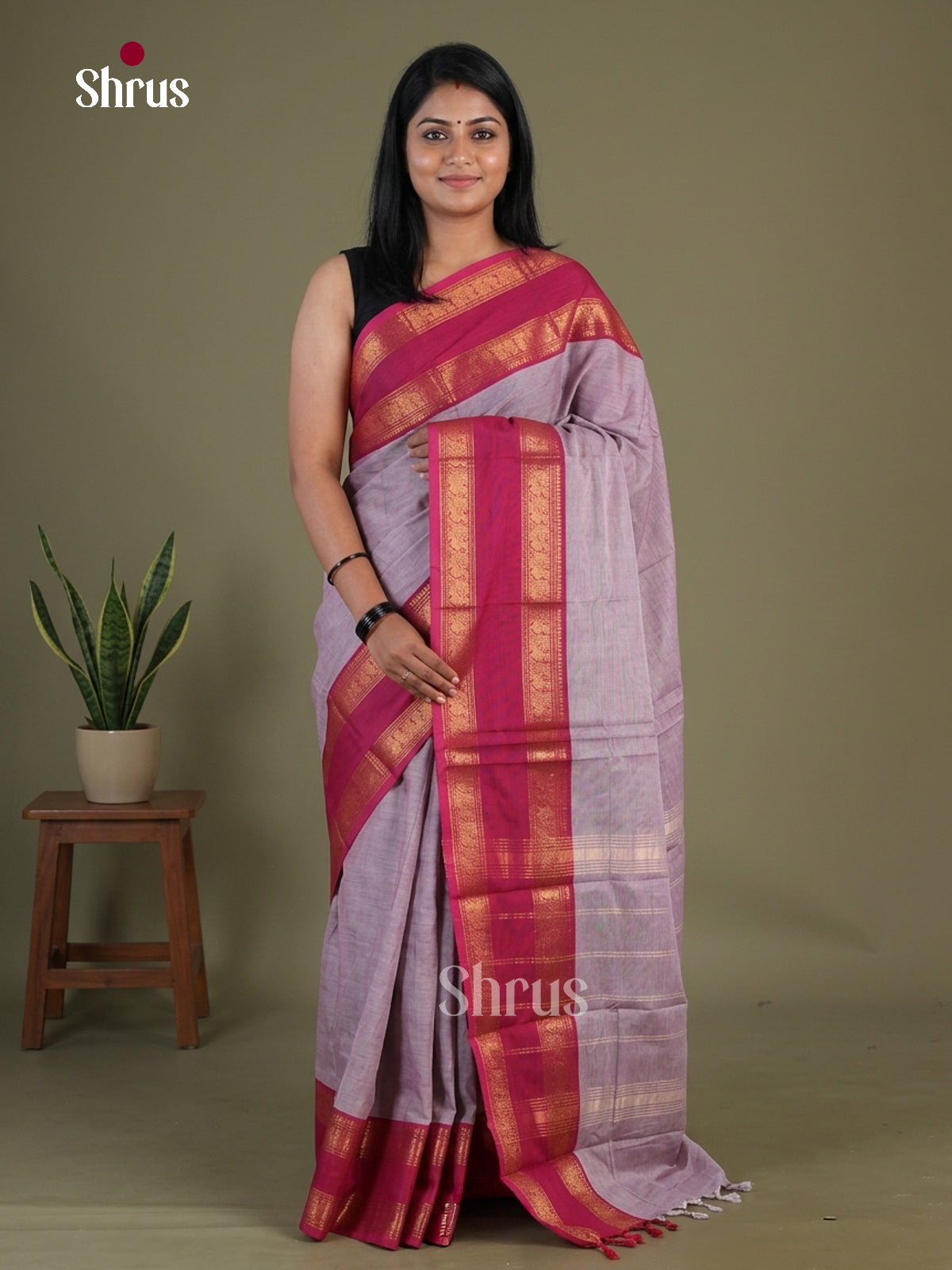 Charming Lilac Chettinad Cotton Saree With Plain Body & Pink Rettapet Zari Border
