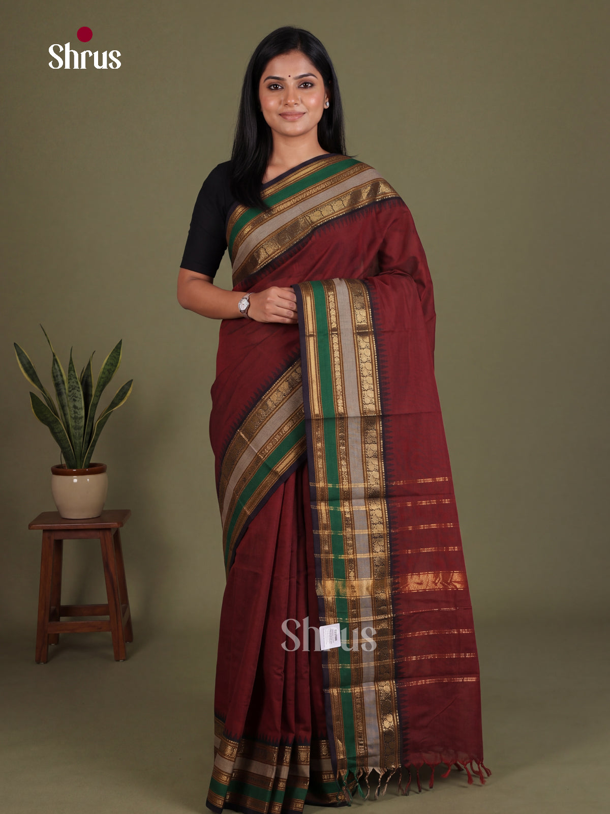 Charming Maroon Chettinad Cotton Saree With Multicoloured Temple Zari Border & Pallu