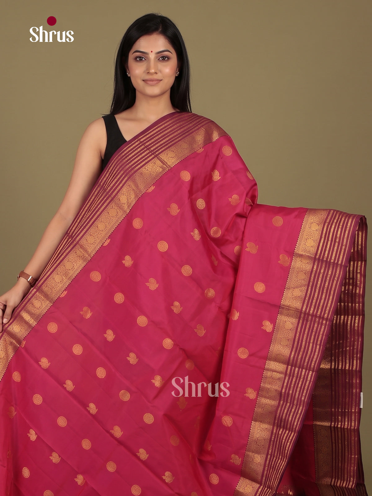 Charming Pink Kanjivaram Silk Saree with Gold Peacock Buttas & Purple Border 1