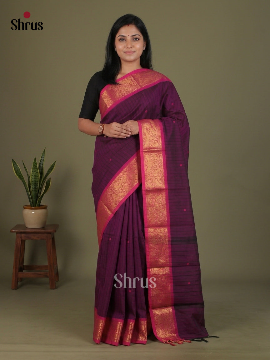 Charming Plum Chettinad Cotton Saree With Stripes, Buttas & Pink Zari Border