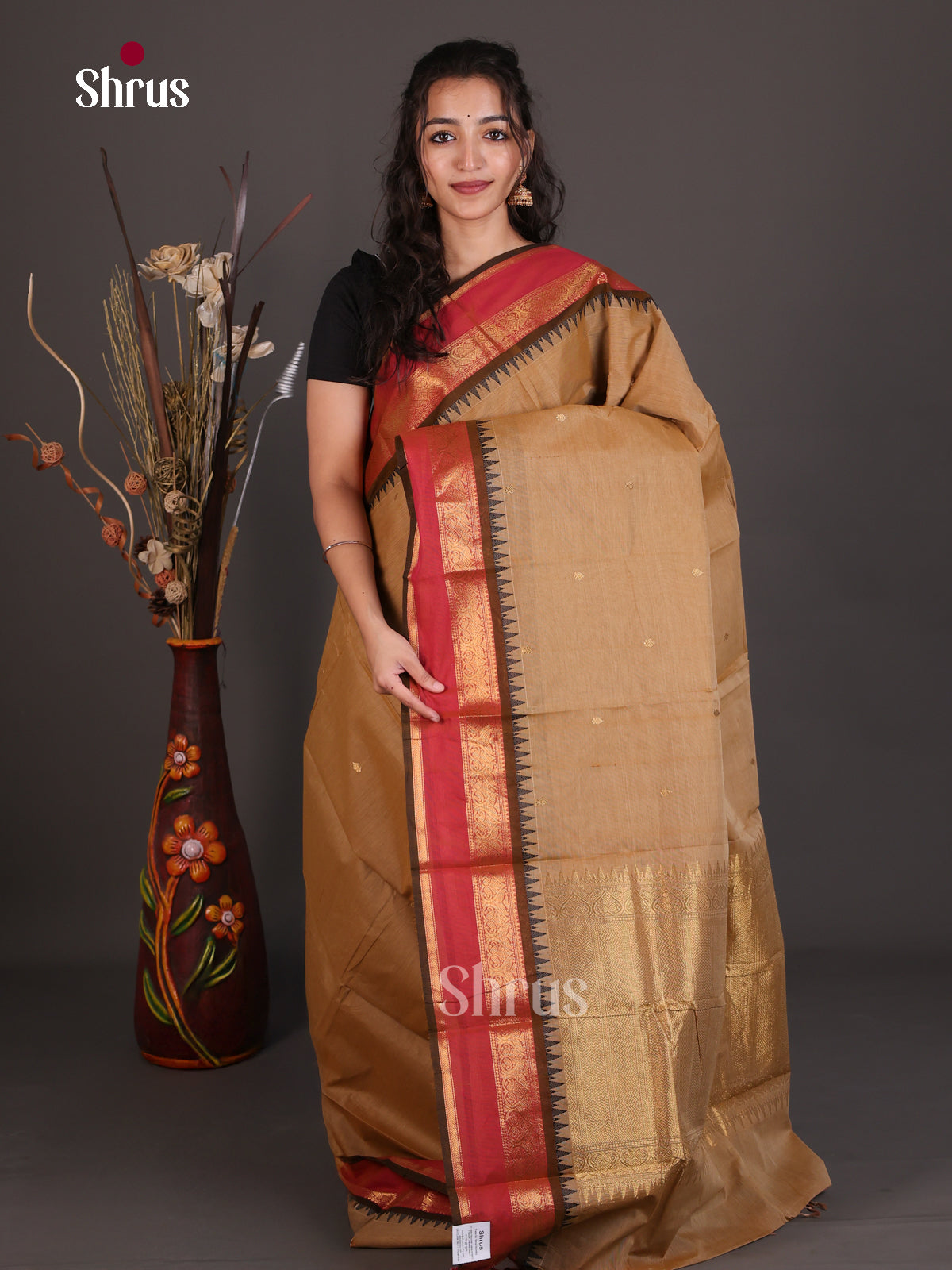 Chic Beige Chettinad Cotton Saree With Small Buttas & Red Rettapet Temple Zari Border