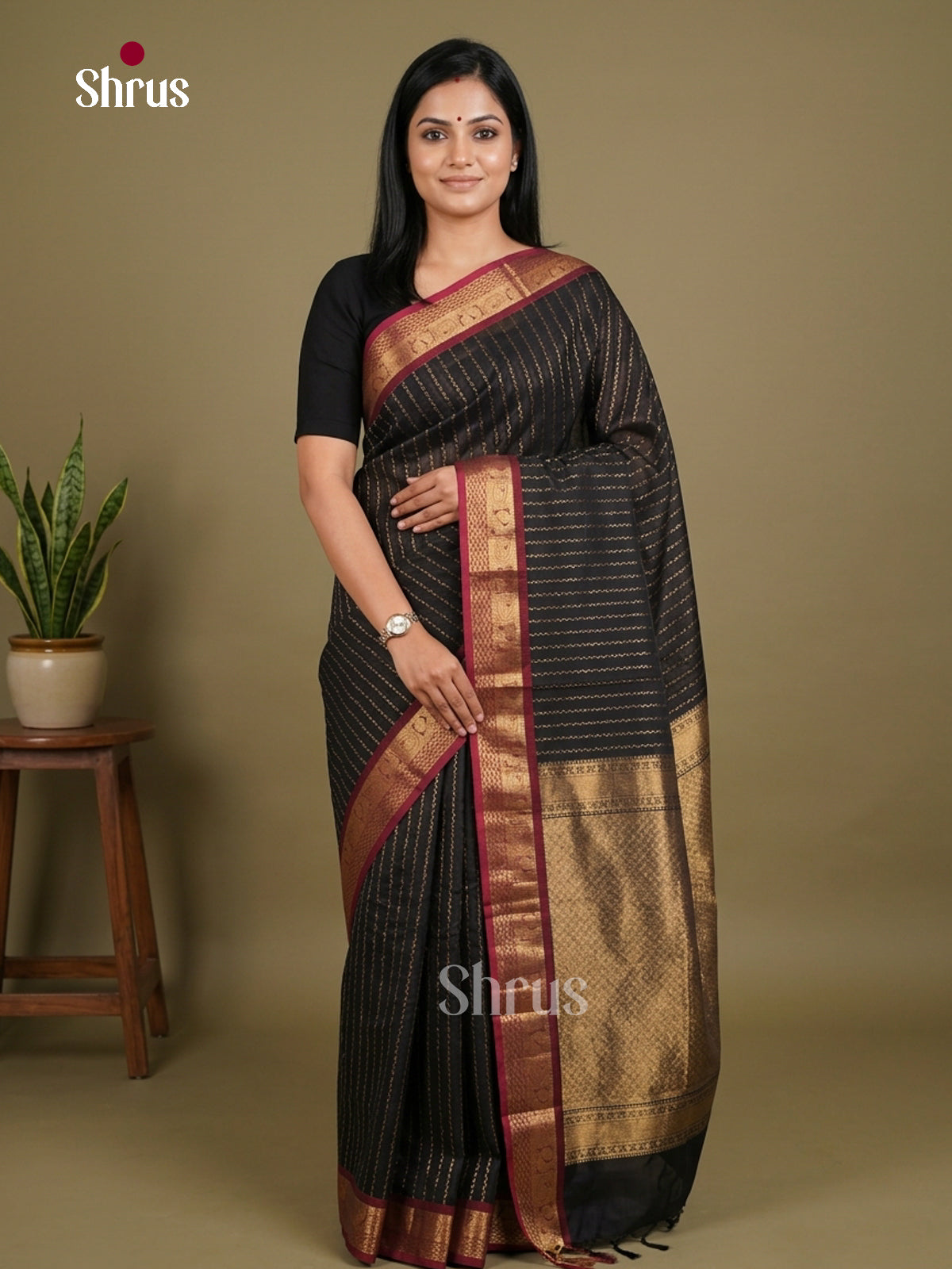 Chic Black Chettinad Cotton Saree With Gold Wavy Stripes, Maroon Border & Brocade Pallu