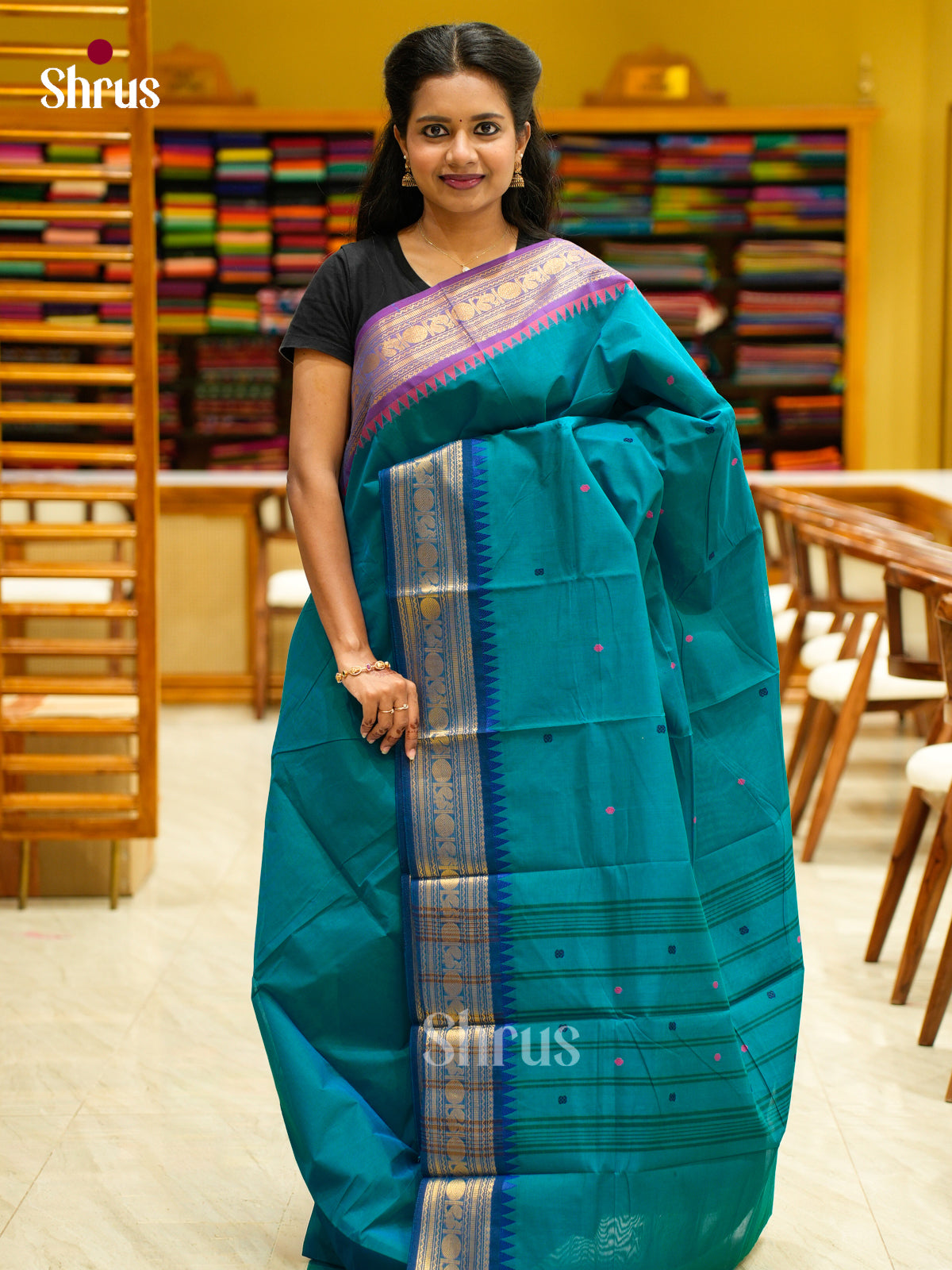 Teal Blue Chettinad Cotton Saree with Thread Buttas & Ganga Jamuna Temple Zari Border