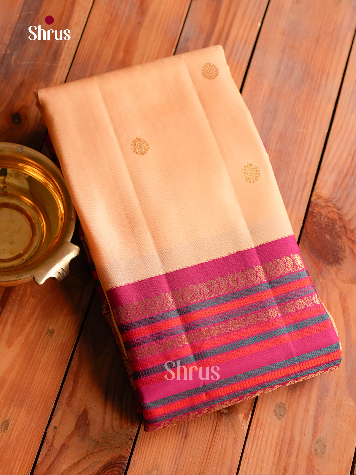 Chic Cream Kanchipuram Silk Saree With Golden Buttas | Magenta Pink Border With Zari Bands & Thread Stripes