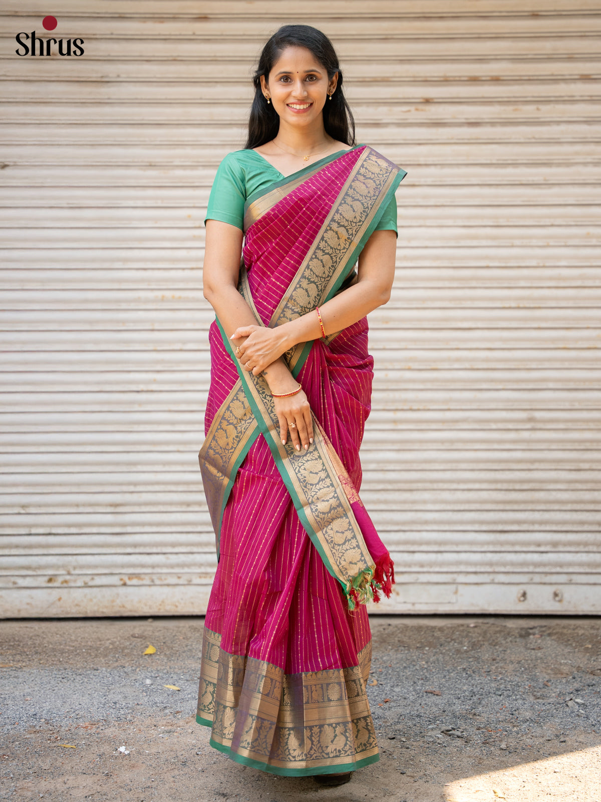 Chic Dark Pink Chettinad Cotton Saree With Thread Stripes & Green Zari Border With Peacock Buttas
