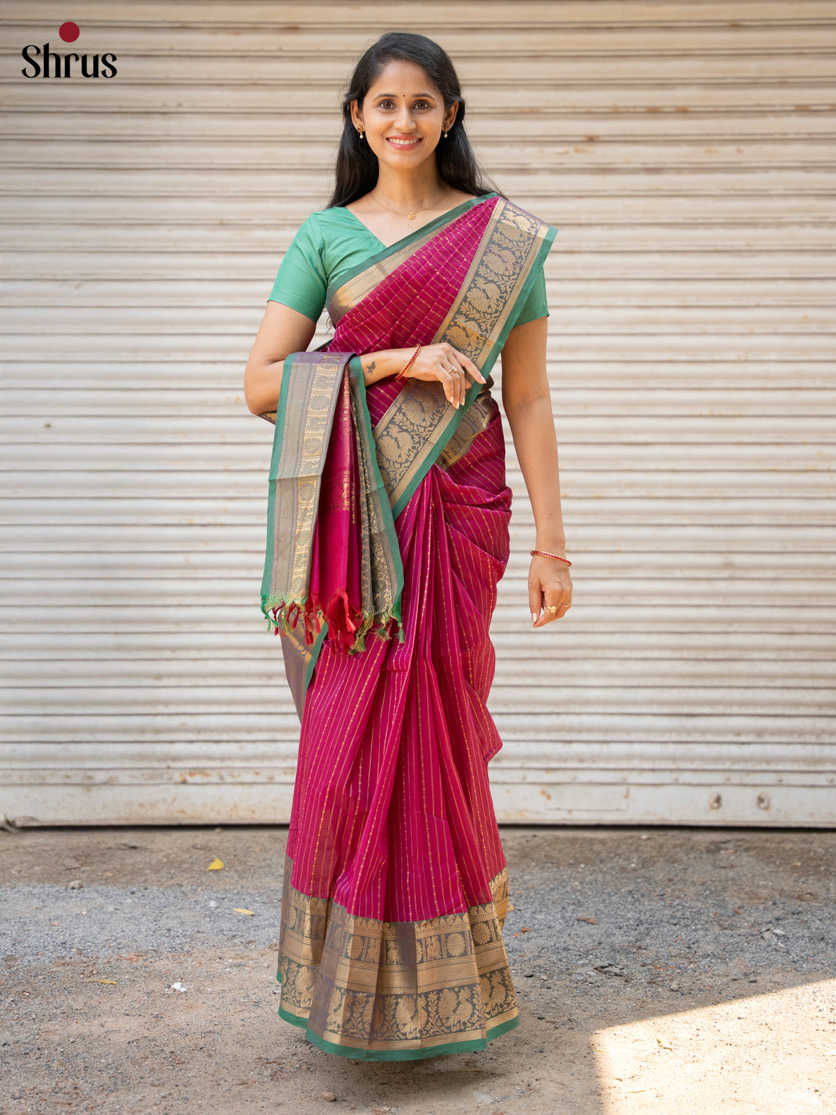 Chic Dark Pink Chettinad Cotton Sarees With Thread Stripes & Green Zari Border With Peacock Buttas