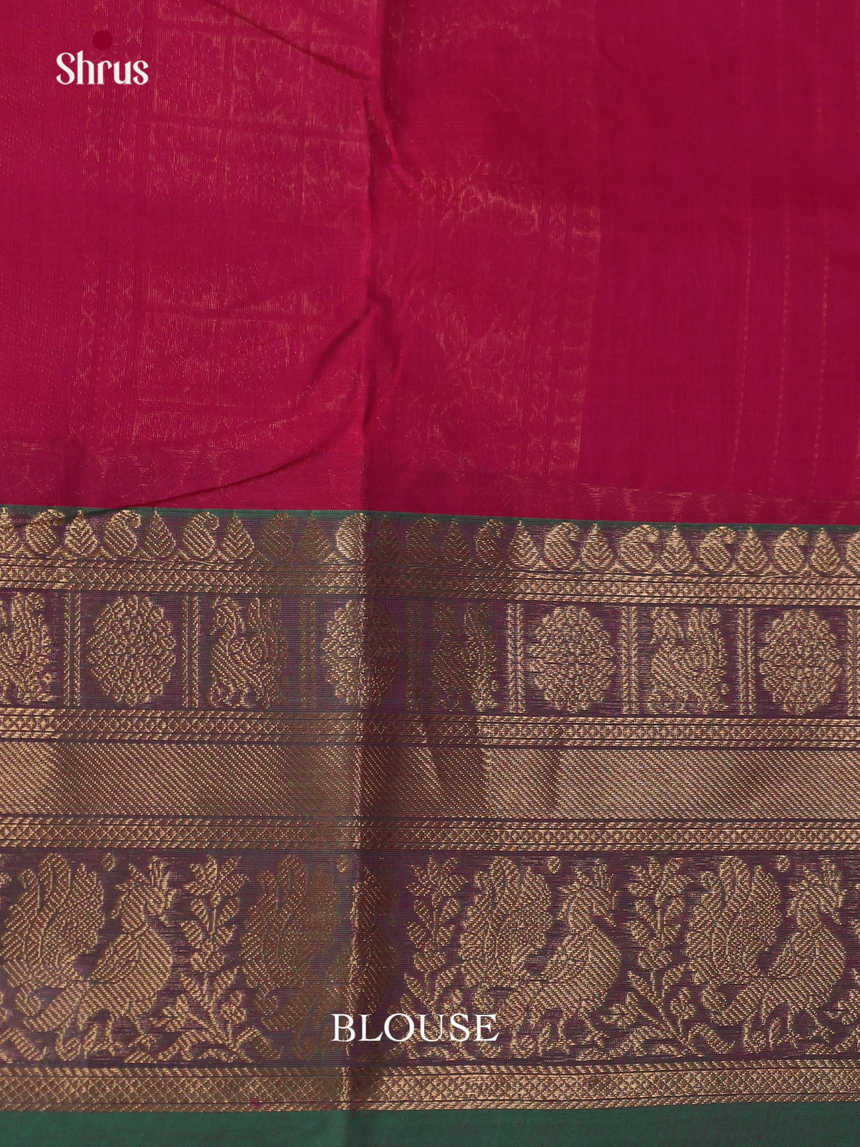 Chic Dark Pink Cotton Sarees With Thread Stripes & Green Zari Border With Peacock Buttas