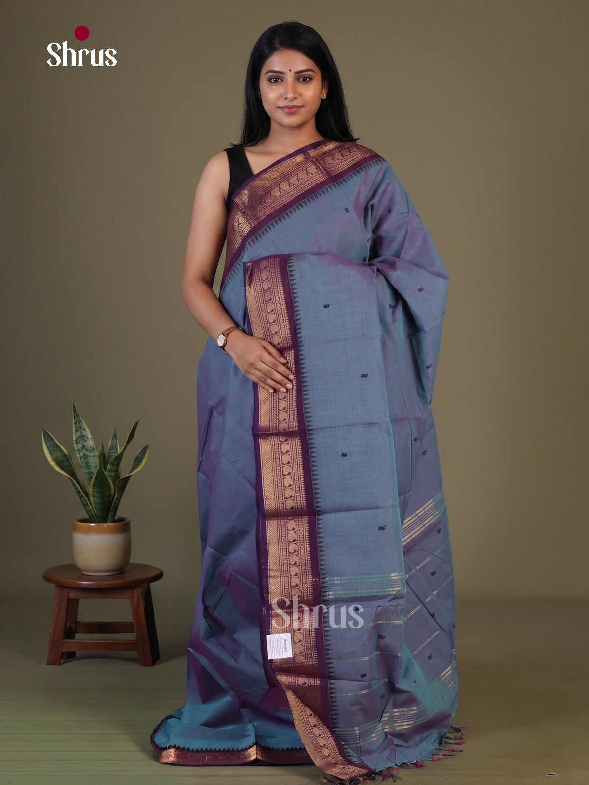Chic Dual Tone Blue Chettinad Cotton Saree With Thread Buttas, Purple Temple Zari Border 