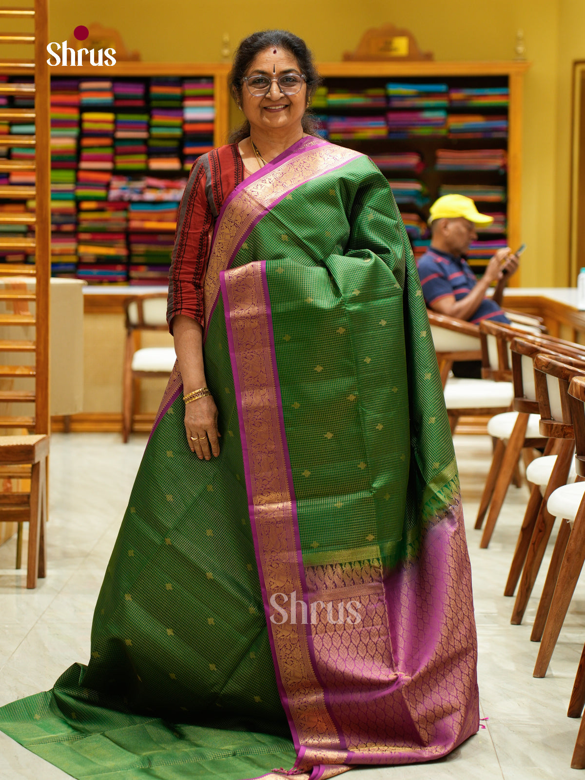 Chic Green Soft Silk Saree with Checks with Buttas and Floral Buttas | Violet Contrast Border