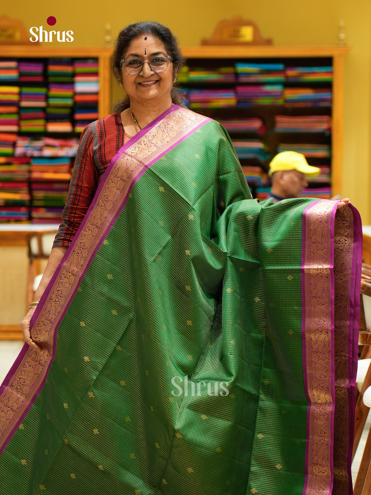 Chic Green Soft Silk Sarees with Checks with Buttas and Floral Buttas | Violet Contrast Border