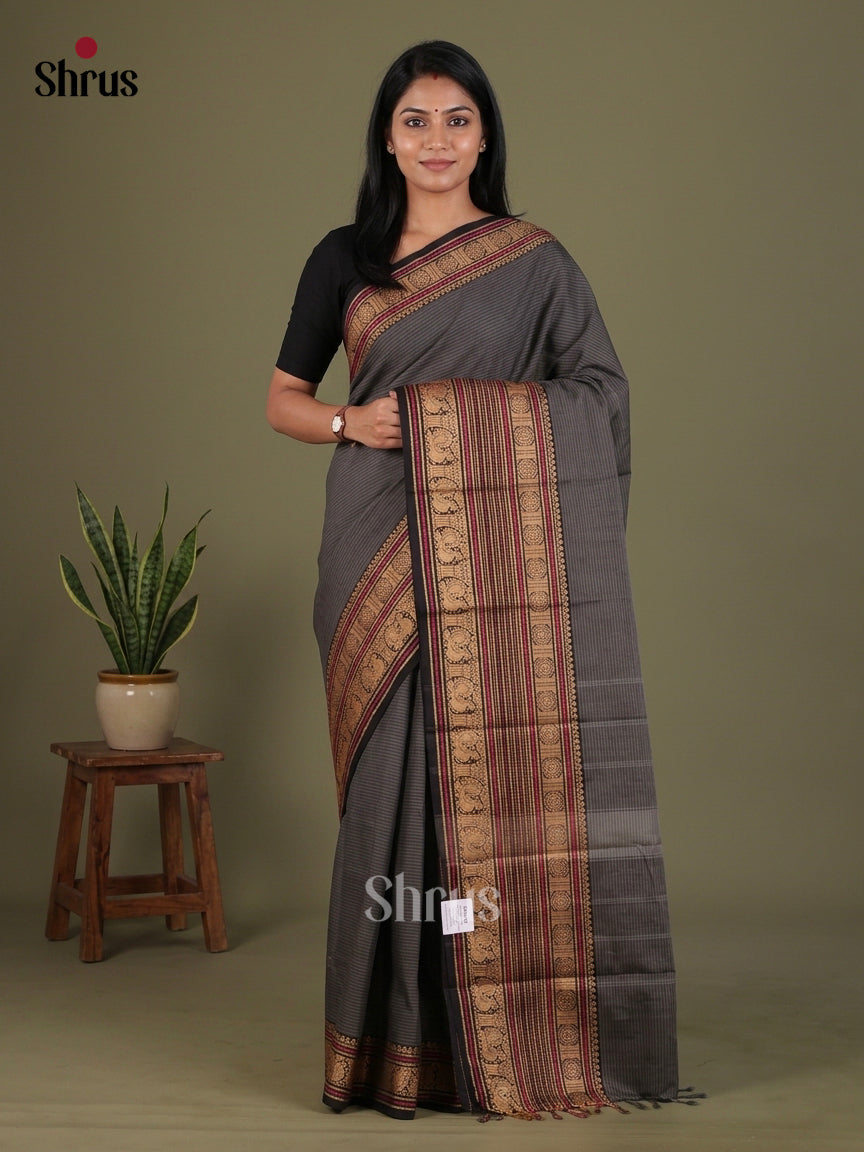 Chic Grey Chettinad Cotton Saree With Self Stripes, Black Broad Zari Border & Chit Pallu