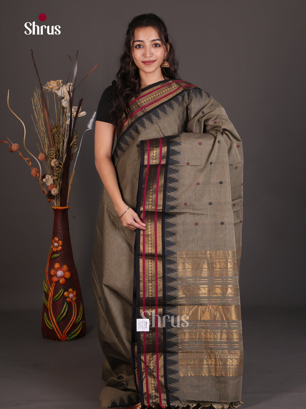 Chic Grey Chettinad Cotton Saree With Small Buttas & Black Temple Zari Border