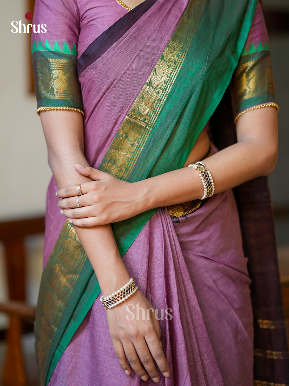 Chic Lavender Chettinad Cotton Sarees With Ganga Jamuna Zari Border & Striped Border