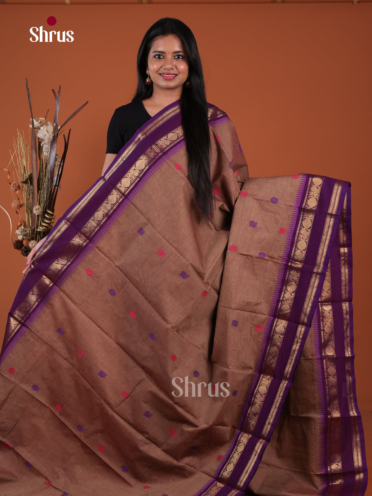 Chic Light Brown Chettinad Cotton Sarees With Thread Buttas & Violet Rettapet Zari Border