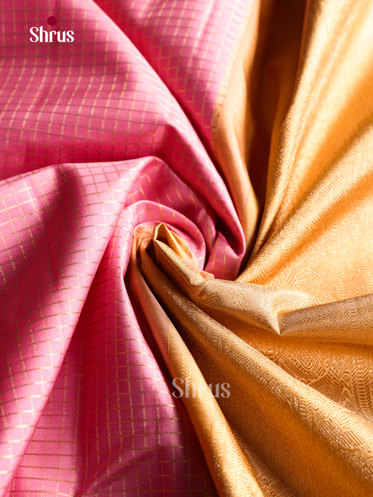 Chic Light Pink Silk Saree With Small Zari Checks | Golden Temple Zari Border & Pallu