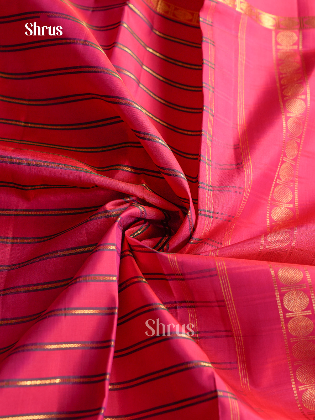 Chic Magenta Pattu Saree With Green & Gold Striped Bands | Self Border With Zari Bands