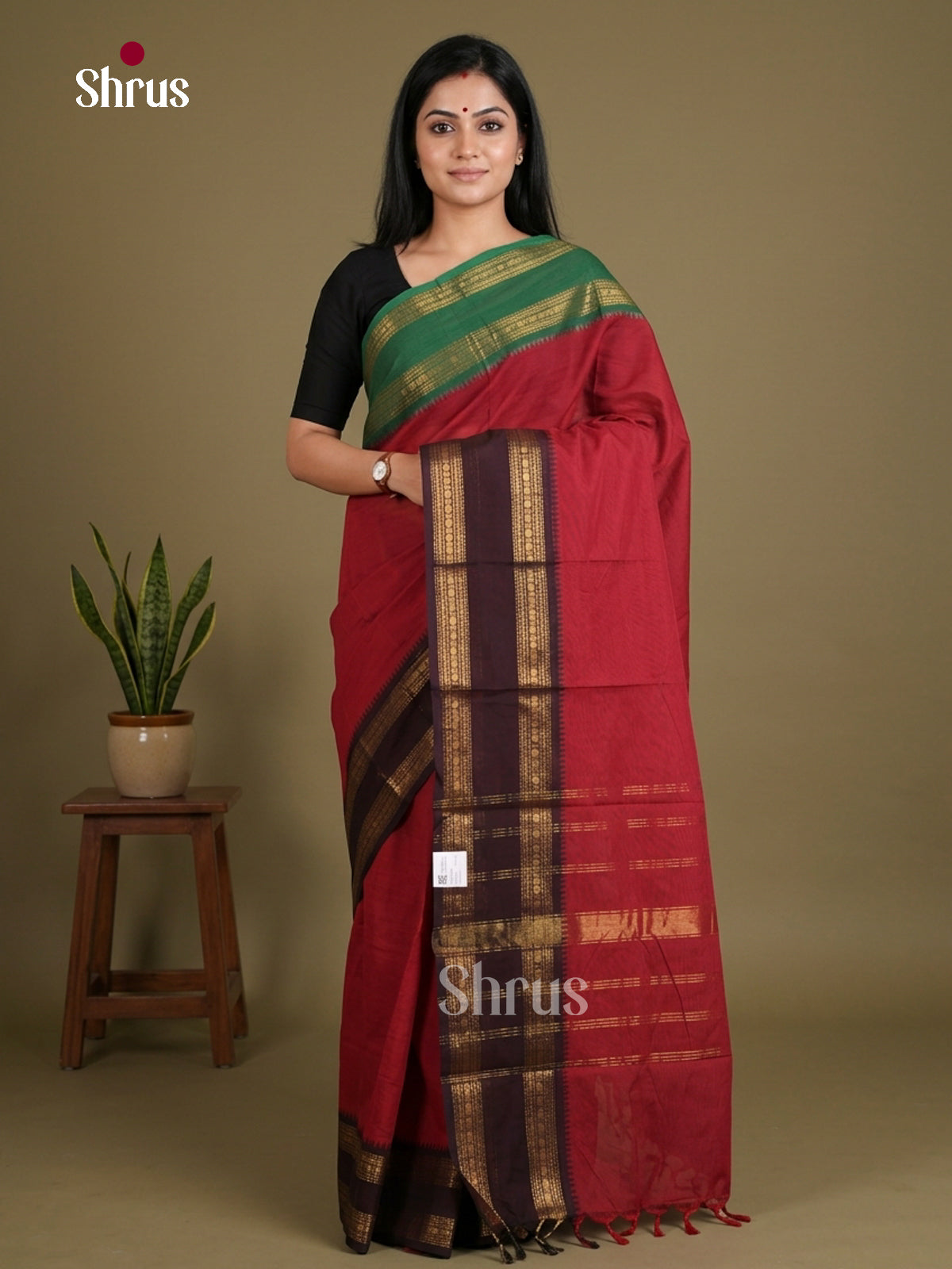 Chic Maroon Chettinad Cotton Saree With Ganga Jamuna Rettapet Zari Border & Pallu