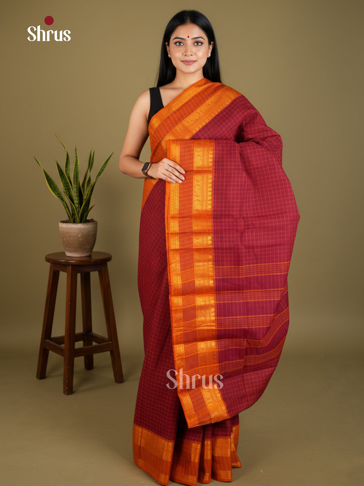 Chic Maroon Chettinad Cotton Saree With Thread Woven Checks & Orange Rettapet Zari Border