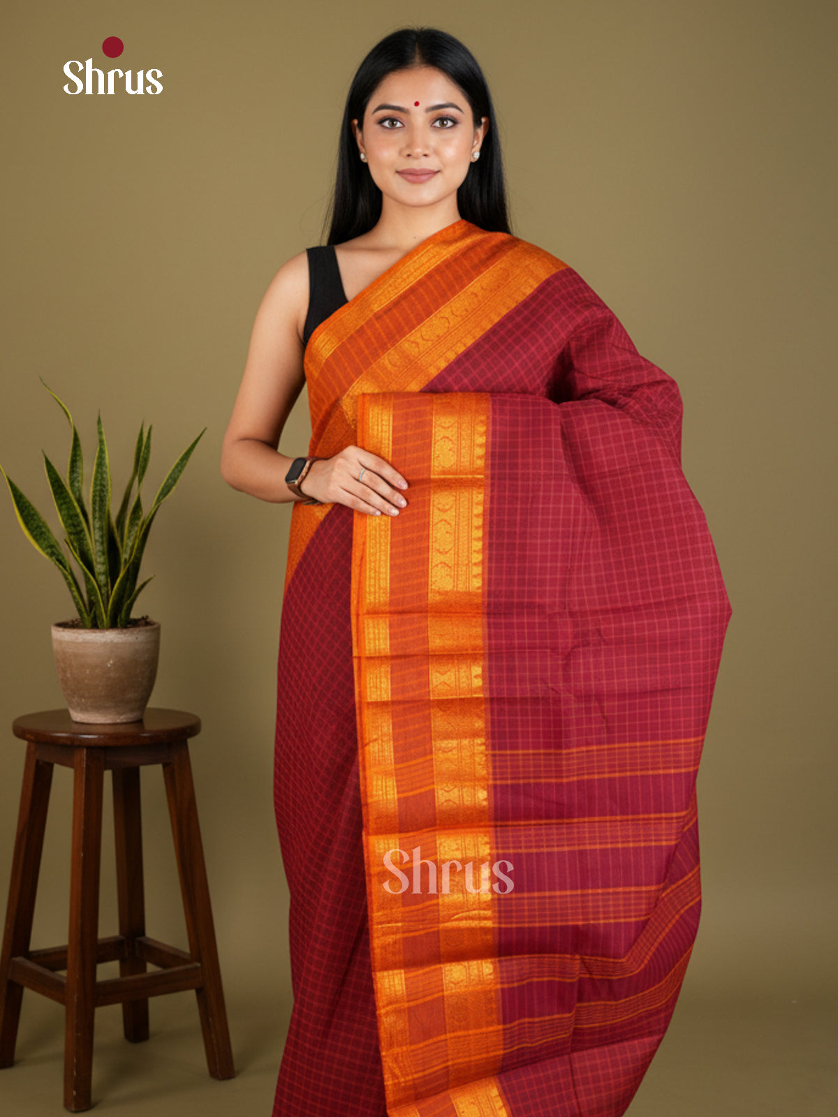 Chic Maroon Chettinad Cotton Sarees With Thread Woven Checks & Orange Rettapet Zari Border