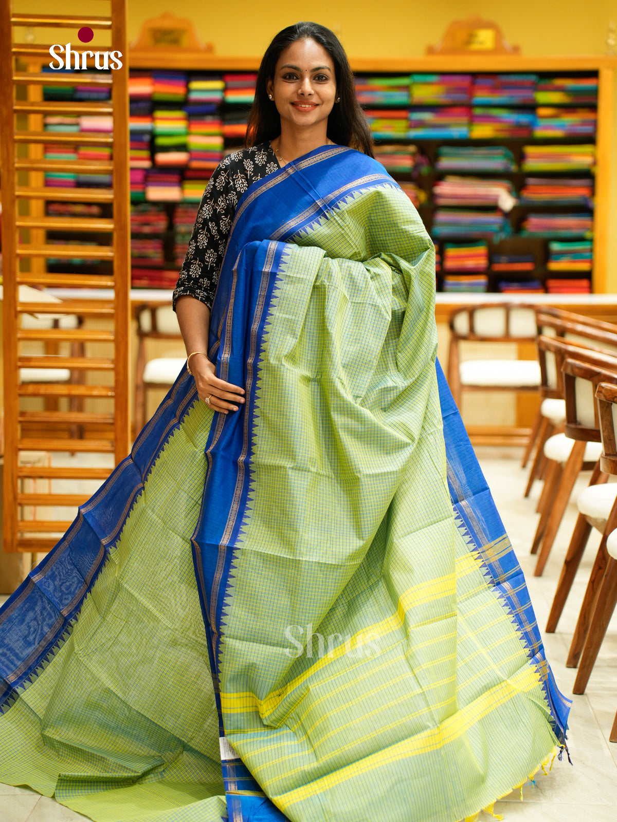 Chic Mint Green Chettinad Cotton Saree With Micro Checks & Royal Blue Temple Zari Border